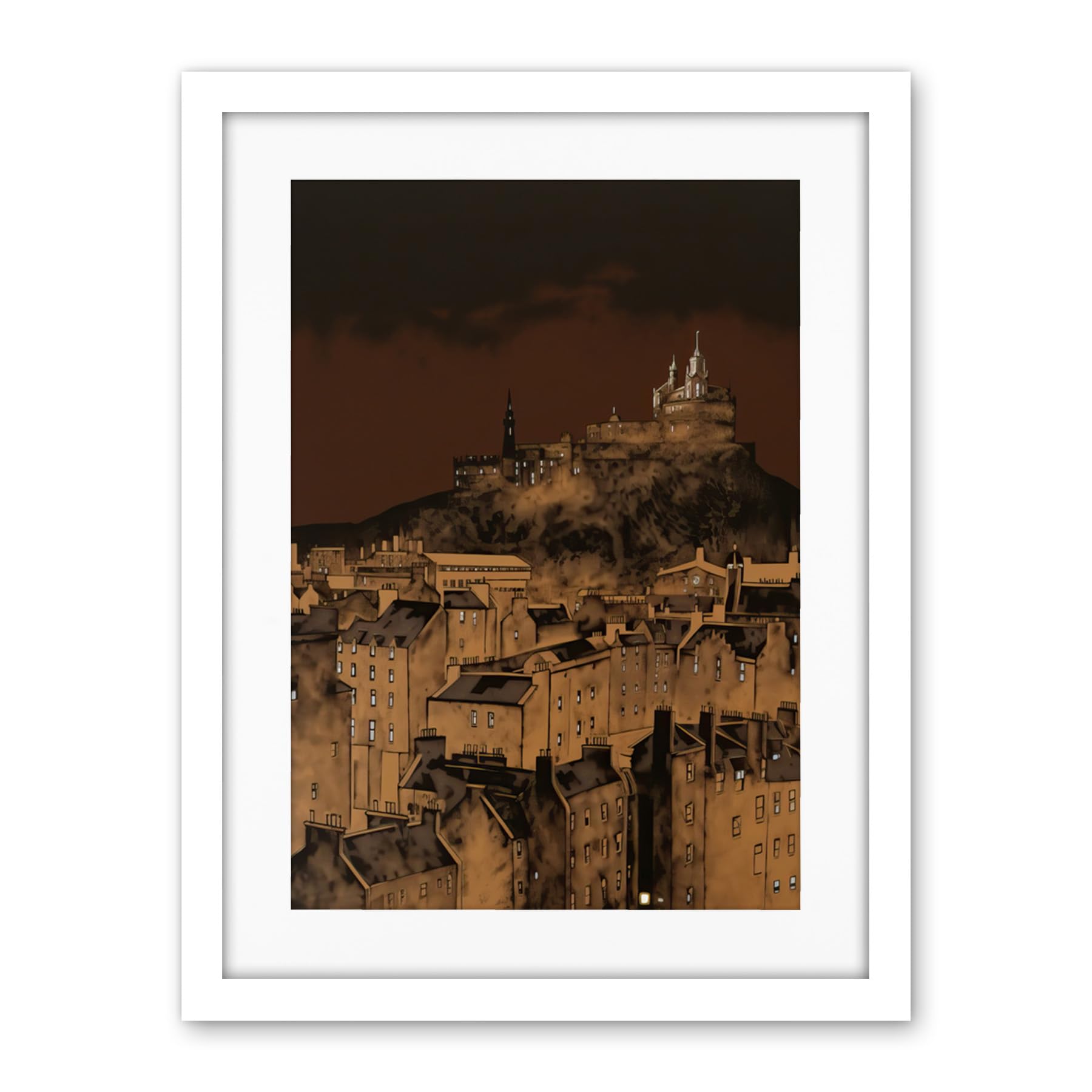 Artery8 Edinburgh Castle Over Old Town Cityscape at Night Artwork Framed Wall Art Print 18X24 Inch