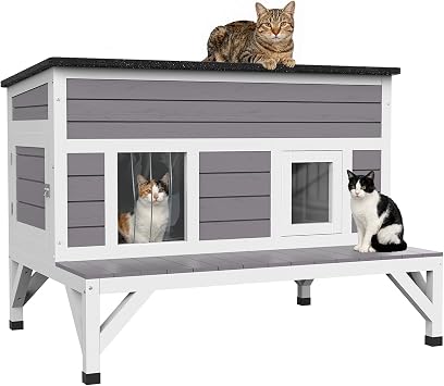 Large Cat House for Outdoor, Weatherproof Feral Cats Shelter Design with Platform, Easy to Install and Clean Kitty House Keep Safe in Outsides for Cats