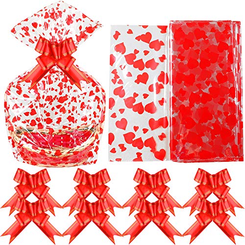 MIAHART Lot de 20 grands sacs à panier Saint-Valentin avec 20 rubans à nœuds 23 x 35 pouces Sacs en cellophane imprimés en forme de cœur pour paniers Cover