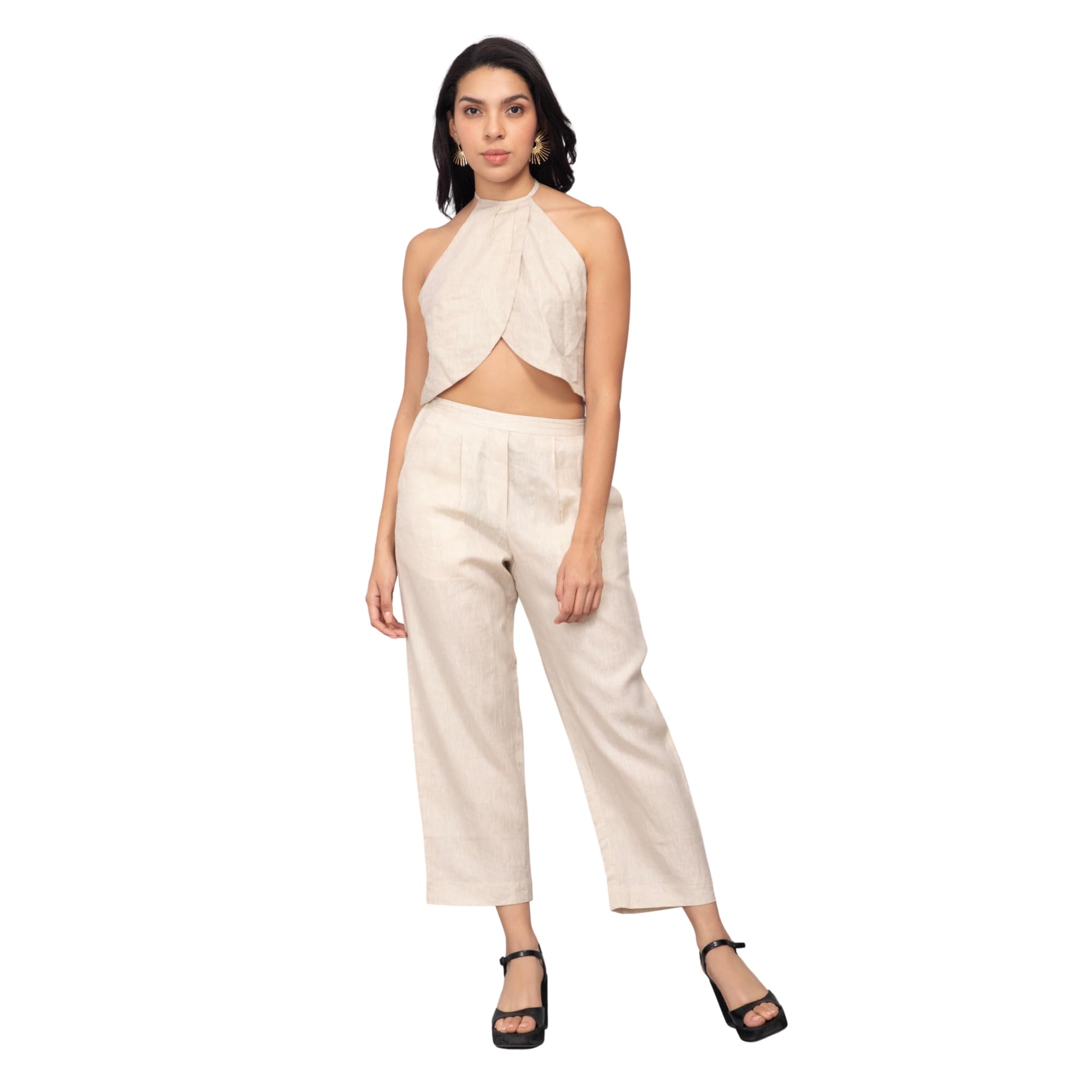 Linen Halter Neck Crop Top & Elastic Waistband Wide-Leg Trousers Co-Ord Set for Women & Girls-image-43