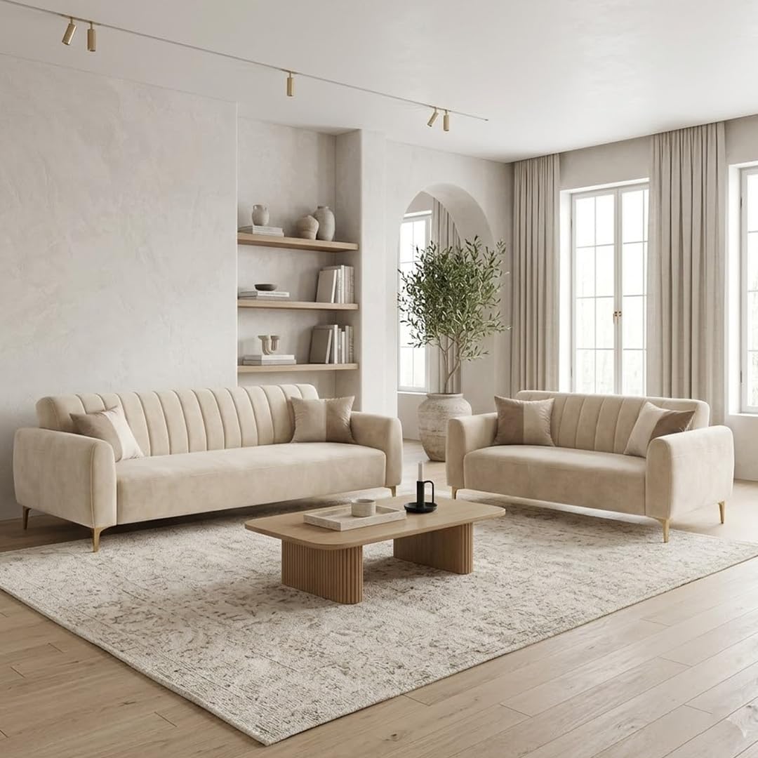 Habibi Rich Velvet Suede 3+2 Seater Sofa Set | Spacious Soft Touch Comfort Seating | 5 Person Seating | Modern Living Room Sofa Set (Cream)-image-17