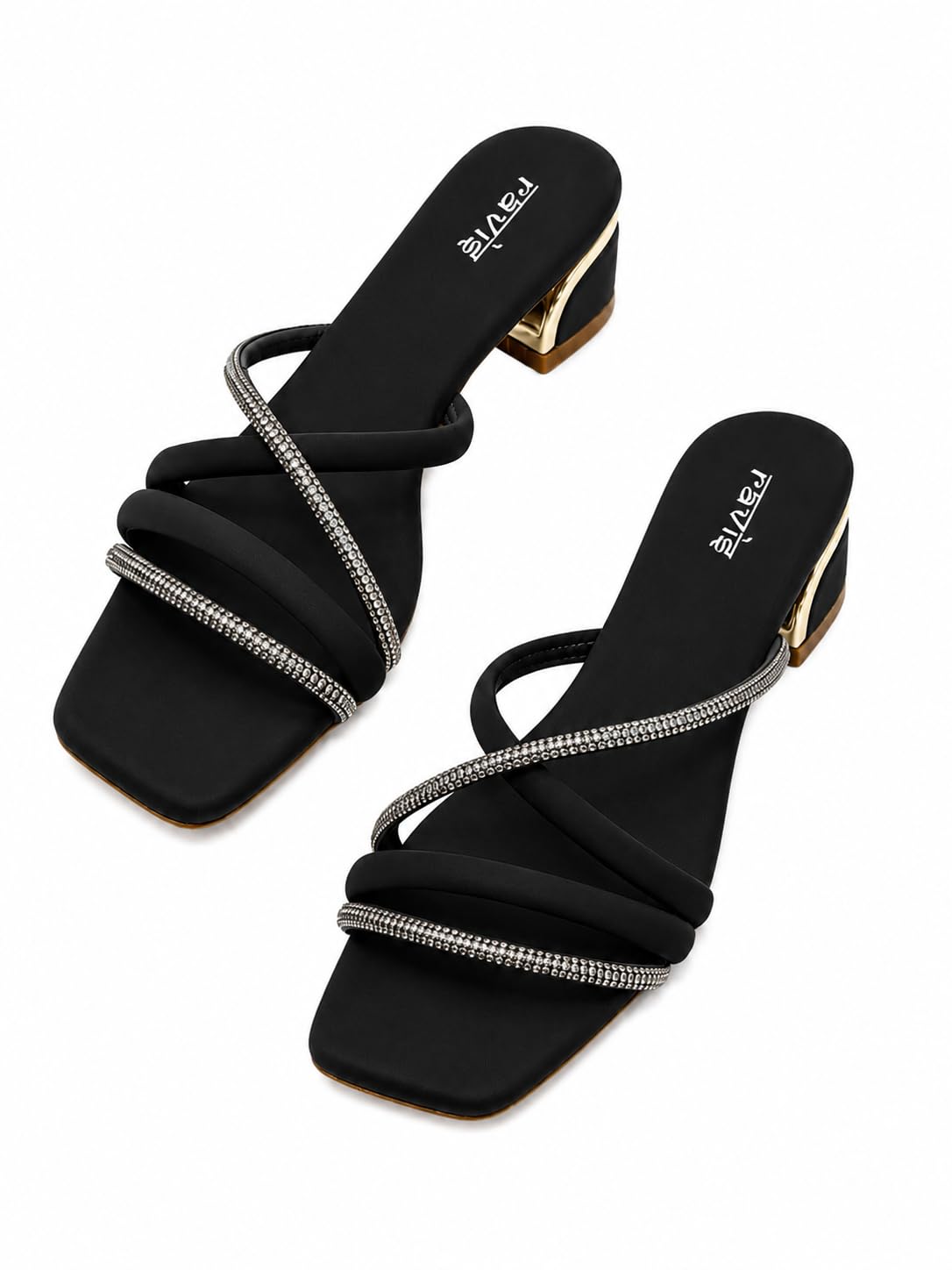 women’s embellished thong block heel sandals with square toe |