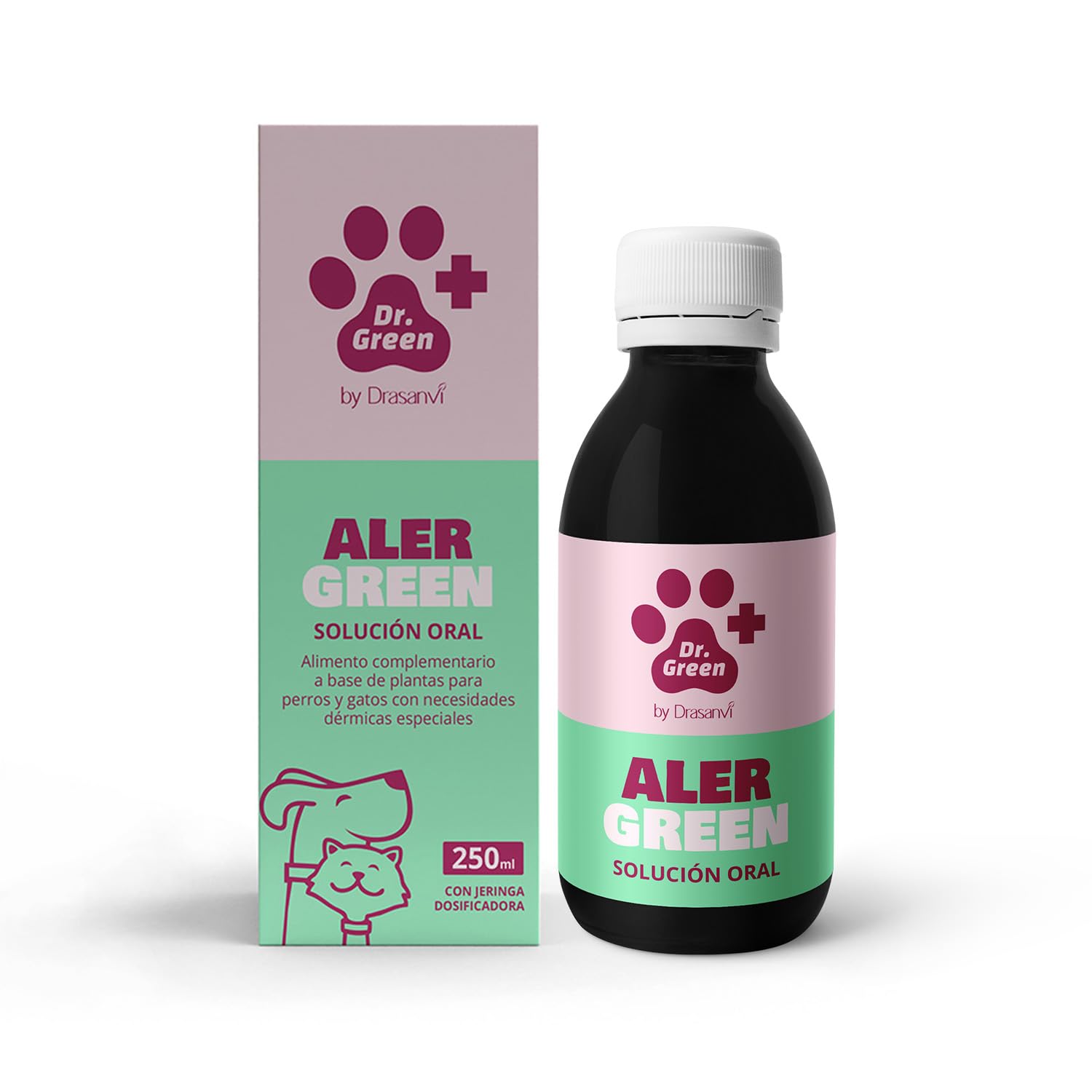 Drasanvi AlerGreen para Perros y Gatos | Solución Oral 250 ml Natural para Alergias, Picor e Inflamación | Omega 3 y 6 Quercetina y PEA | Cuidado Especial de la Piel Sensible con Jeringa Dosificadora