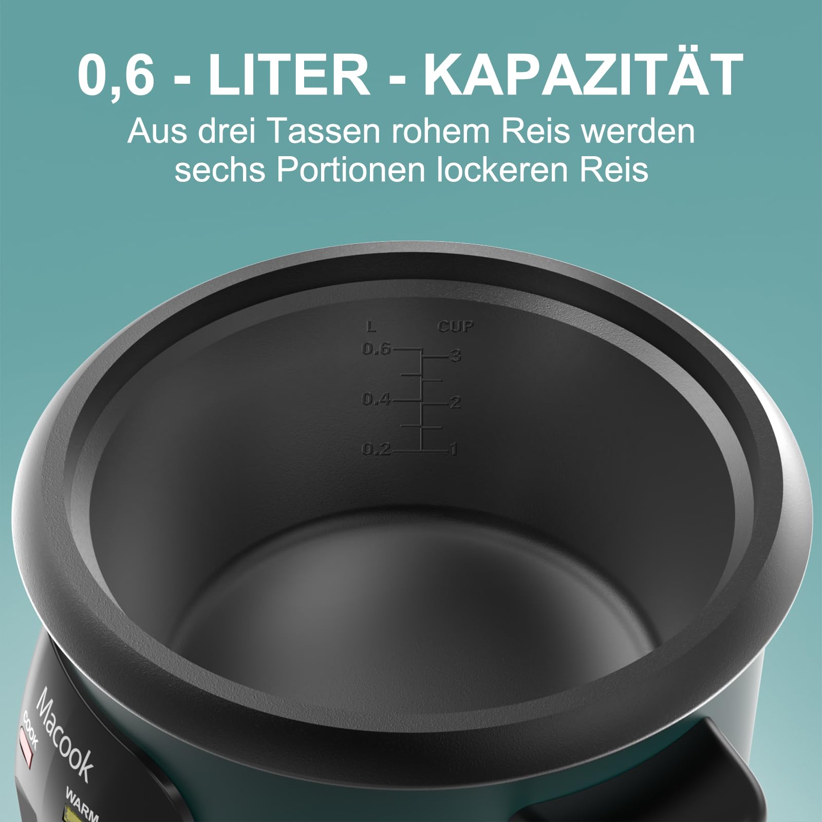 Macook Reiskocher（0,6 Liter, 3 Tassen) 300W - Reiskocher Klein für 1 bis 6 Personen, Antihaftbeschichtung, automatische Warmhaltefunktion, Anti-Trockenbrenner-Funktion.