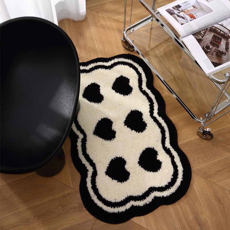 Bathroom Modern Rugs Non-Slip Black with White Mats Funny Heart Design Washable Bath Rugs Microfiber (WhiteA-Double Heart, 2'8"x1'8"(Oblong))