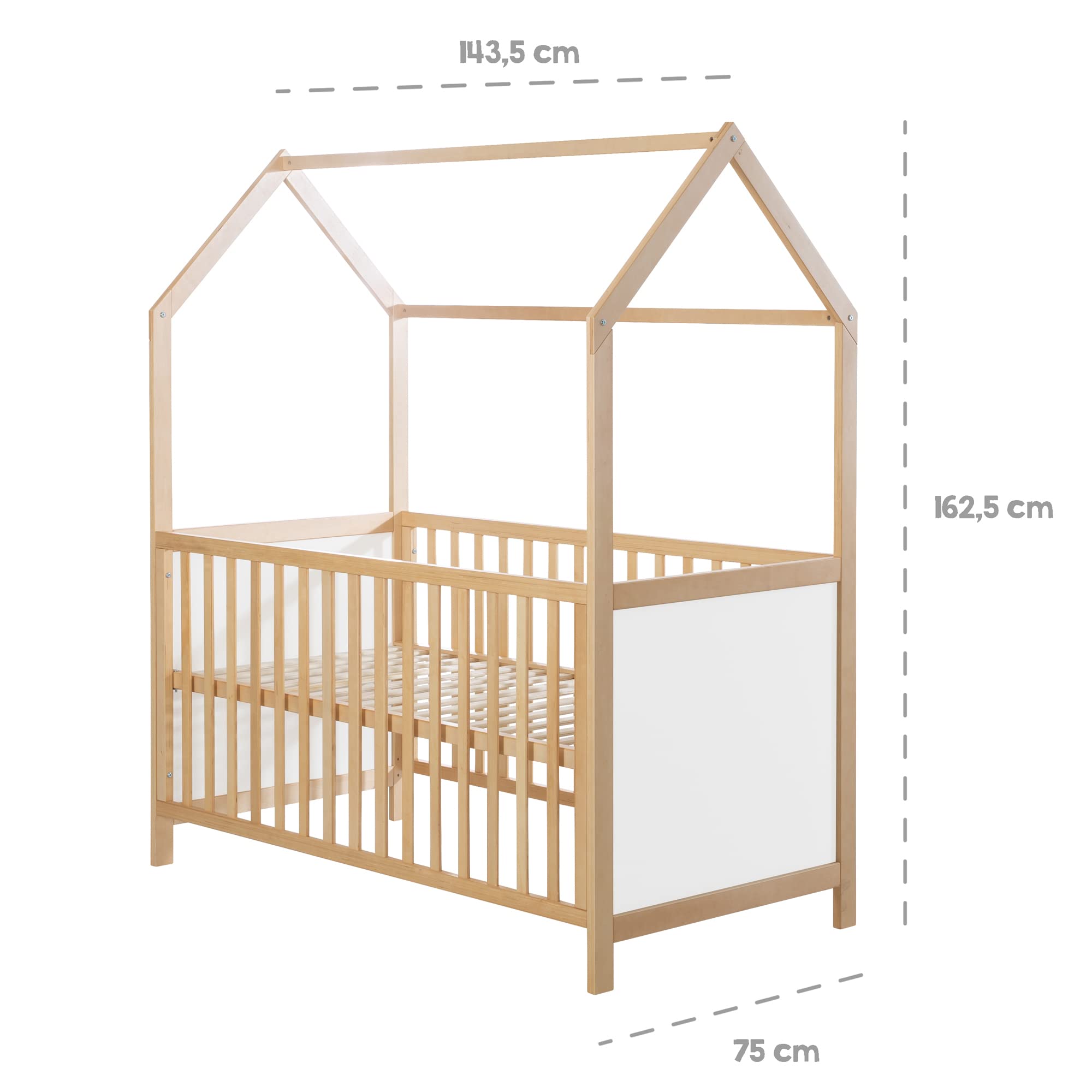 roba Cuna de Bebé en Forma de Casa 70 x 140 cm - Certificación FSC - Cama Infantil Altura Ajustable - Convertible en Cama Juvenil - Madera Bicolor