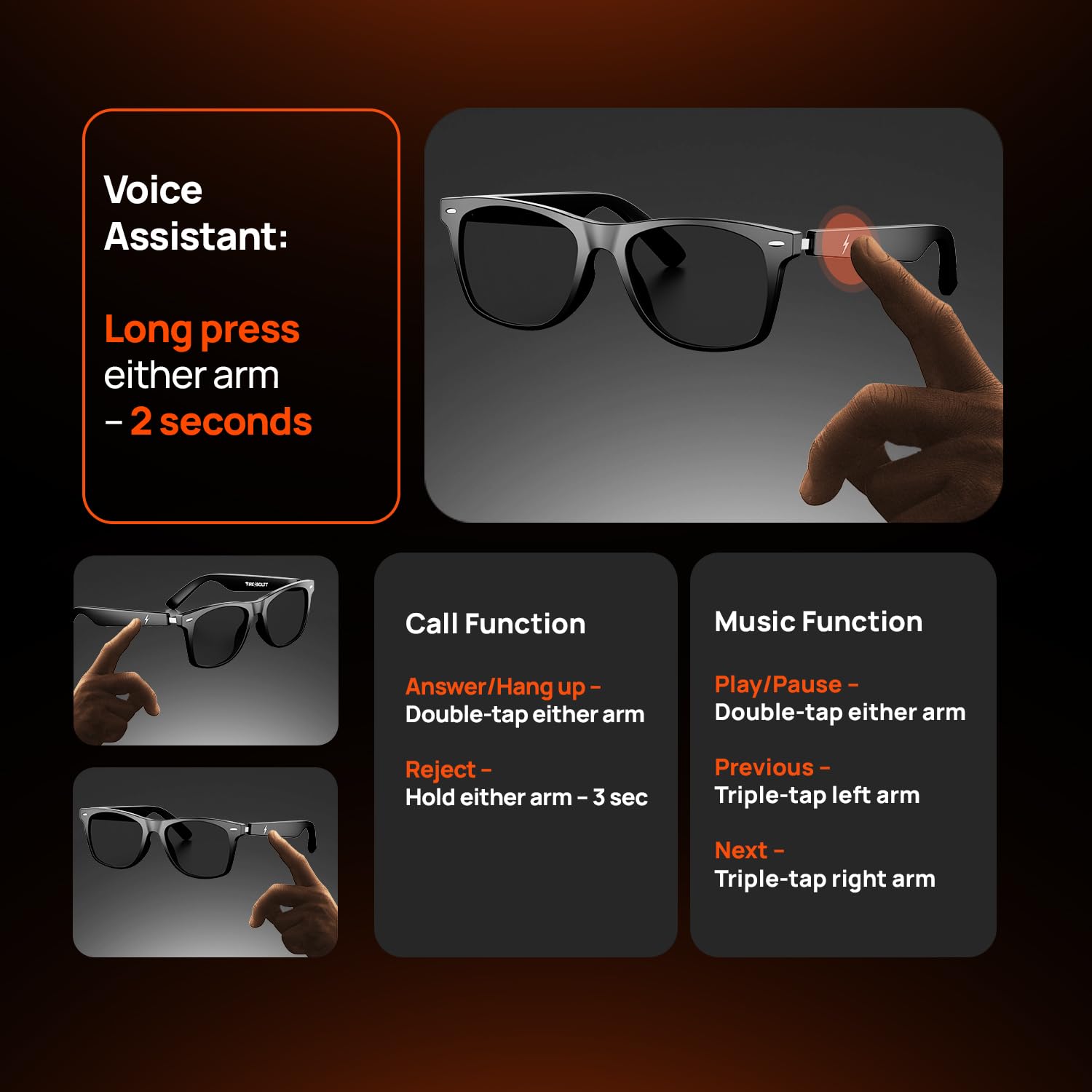 Fire-Boltt Fire-Lens Dune Smart Glasses, Bluetooth Calling & Open-Ear Bluetooth Sunglasses with HD Sound & Smart Audio Touch Controls Voice Assistant (Siri/Alexa/), Fast Charging for Men & Women — Amazon image 22