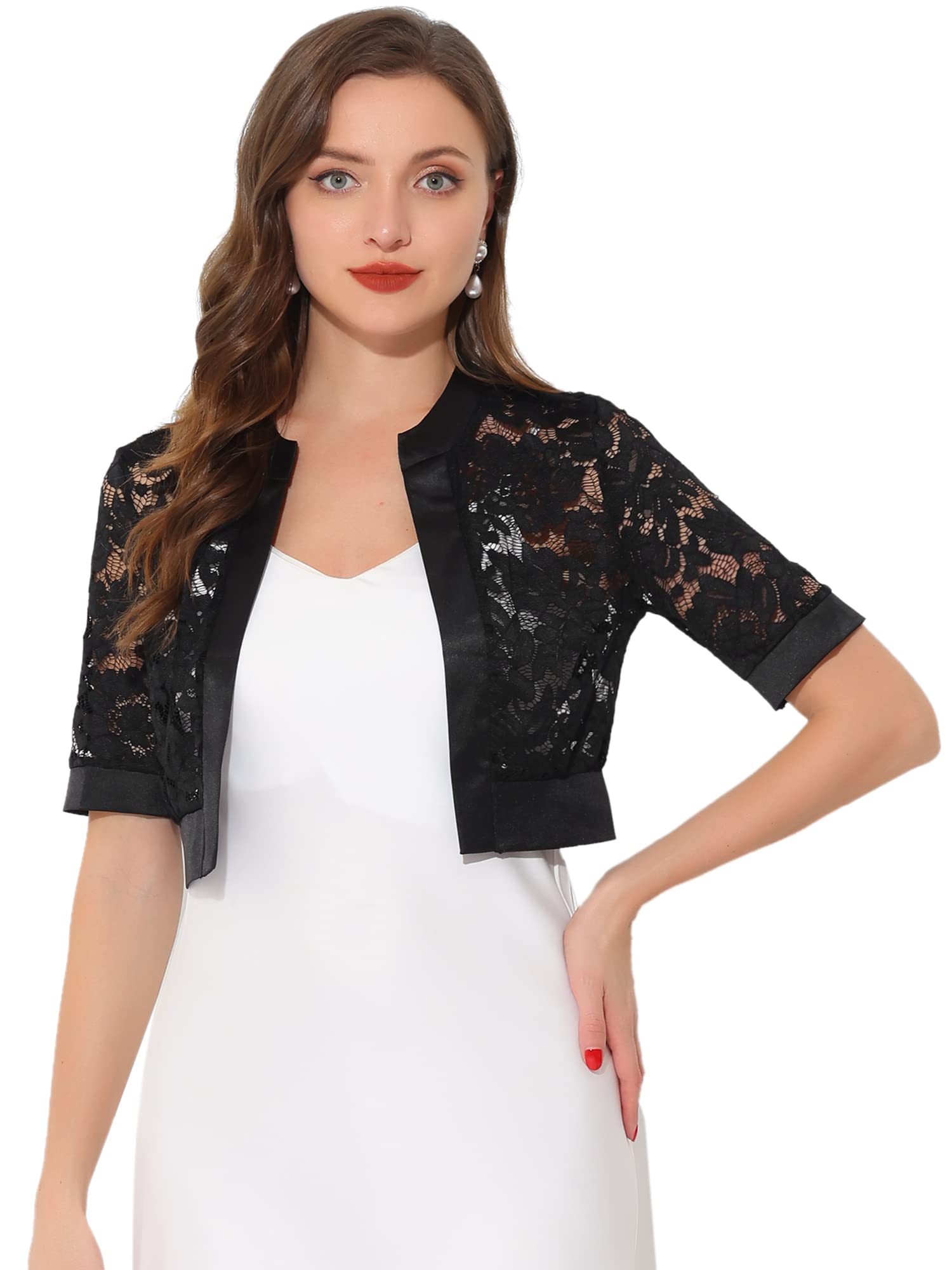 Allegra K Bolero - Coprispalle da donna, in raso, a maniche corte, in pizzo
