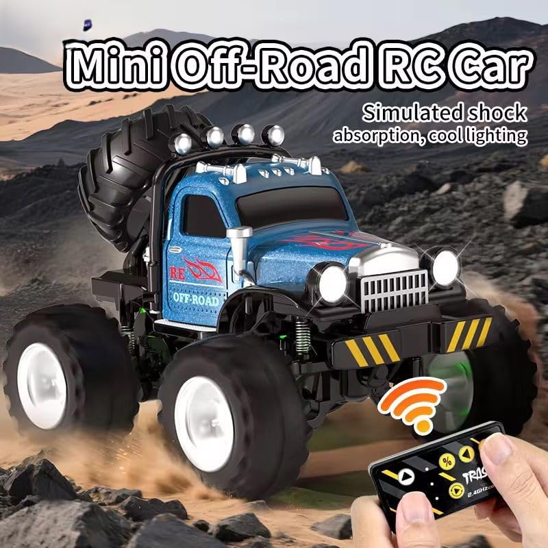 TIUDTOY Mini RC Monster Off-Road Car – 1:54 Scale Remote Control Truck with Big Tyres, Shock Absorbers & LED Lighting | Strong Alloy Body Toy for Kids 1