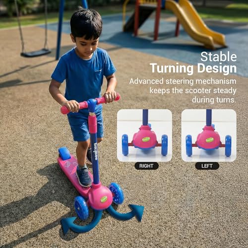 Image of Baybee Rydon Kids Scooter with 3 Height Adjustments | Portable Kick Scooter with PU LED Lights & Rear Brake | 3 Wheel Skating Scooter | Runner Scooter for Kids 2 to 10 Years Boys Girls (Pink)