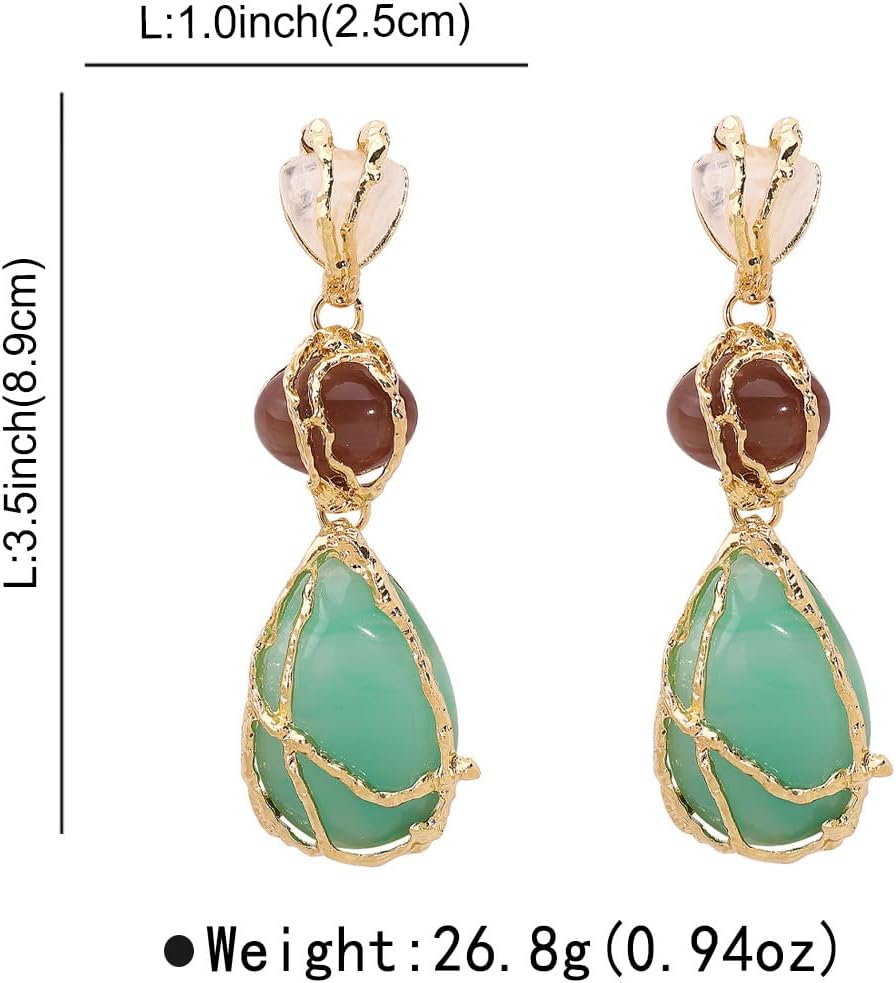 Heart Stud Wire Wrapped Teardrop Green Stone Beaded Dangle Drop Earrings For Women Statement Boho Vintage Chic Irregular Gem Style - Image 4