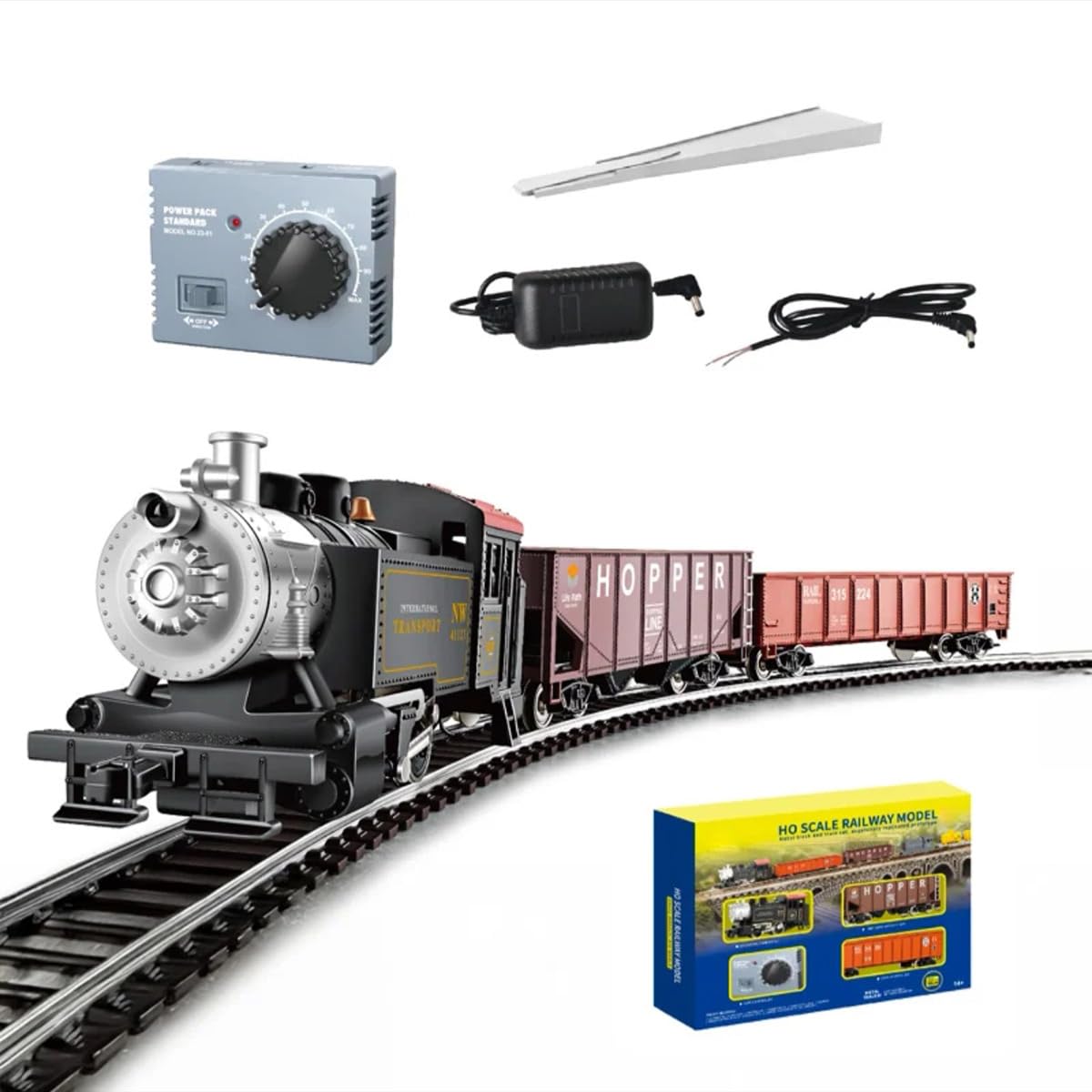 YUTT 1/87 HO Ensemble de locomotive à vapeur – Train électrique complet avec contrôle de vitesse réglable, rails métalliques et voitures cargo pour adolescents et adultes