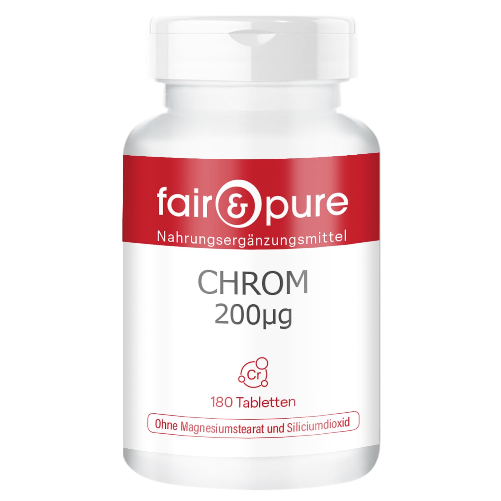 Tabletki chromu Fair & Pure 200 μg, 180 tabletek, wegański suplement diety bez dodatków, wyprodukowano w Niemczech