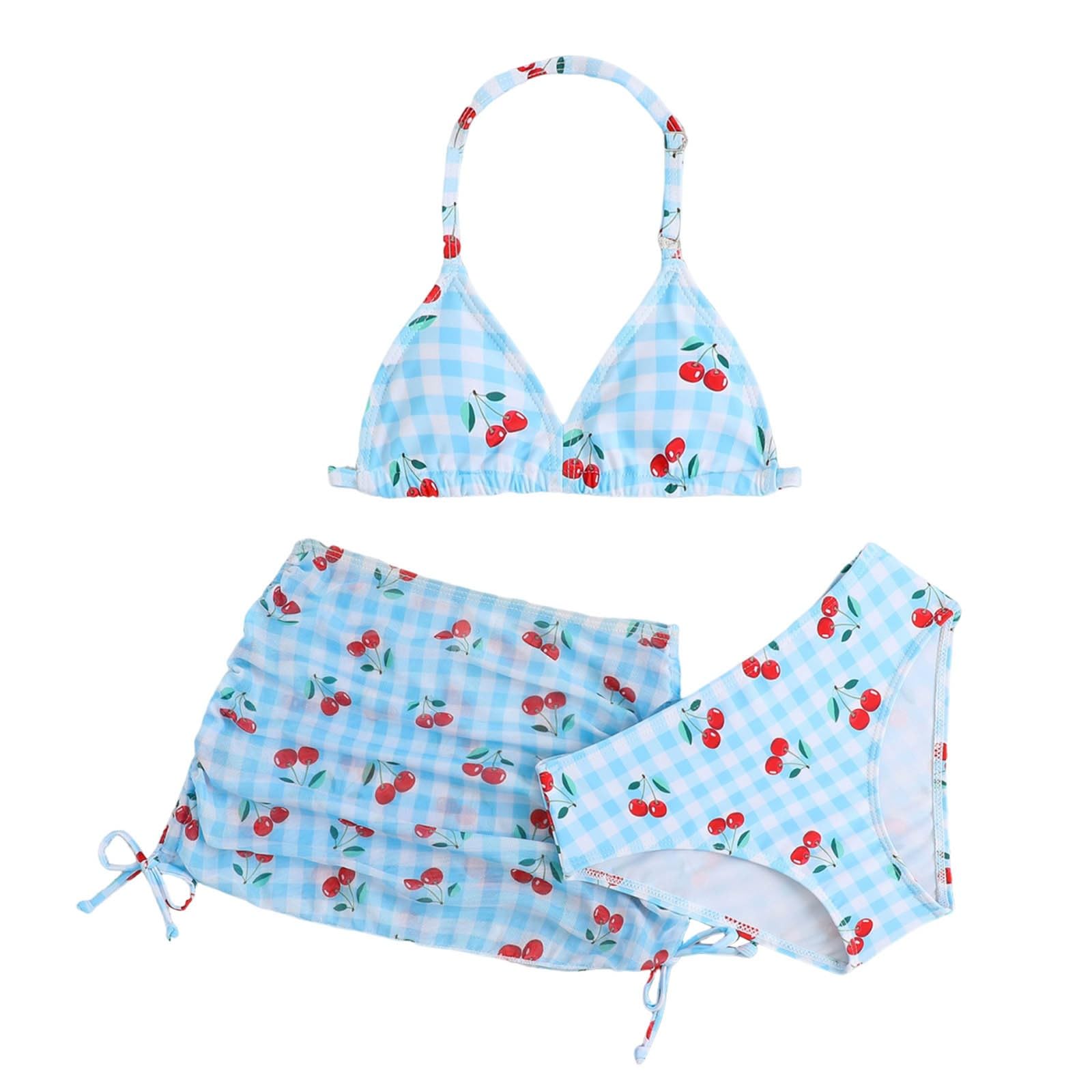 Mädchen Bikini Sets Kinder 3-teiliges Badeanzug Teenager Mädchen Süßes Kirschmuster Badeanzüge Verstellbare Schultergurte Bikinioberteil mit Triangel Bikinihose und Bedruckte Kurz Rocks