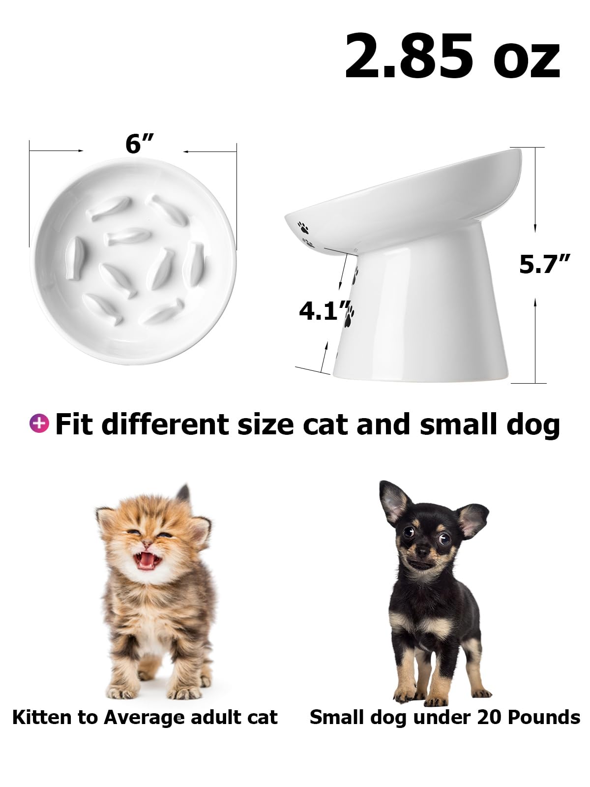 Y YHY Mangeoire lente pour chat, 15,2 cm, gamelle surélevée pour chien, gamelle anti-vomissements en céramique pour nourriture sèche et humide, blanc