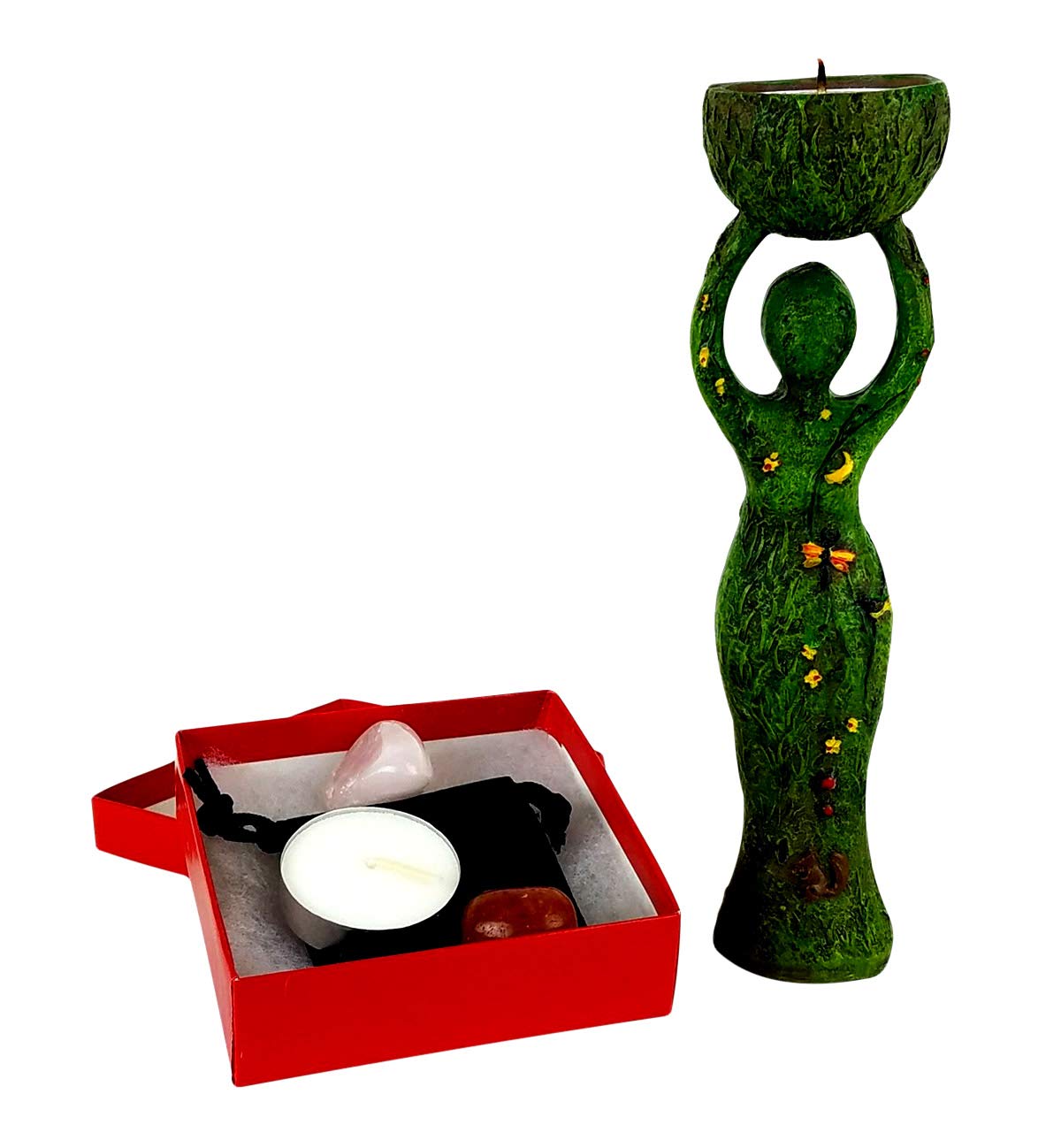 Nurturing Goddess Statue and Tealight Candles Holder Includes 2 Tealights and 2 Assorted Healing Stones in a Drawstring Velvet Pouch Bundle by Imprints Plus (32438)