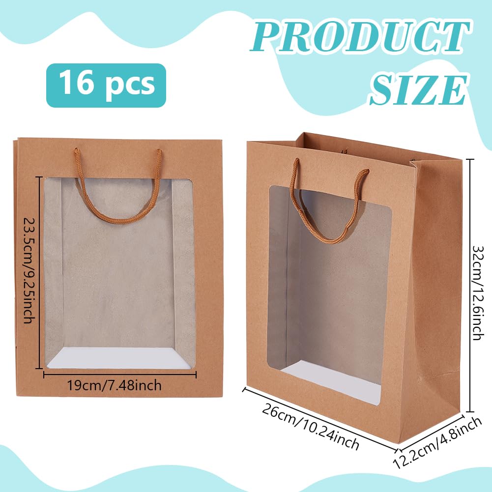 BENECREAT 16 sac Cadeau en Papier Brun avec Fenêtre Transparente Sacs de Courses Kraft de 26x12.2x32cm Sacs Cadeaux en Papier pour Bouquets Anniversaires Fêtes Mariages Emballages de Noël