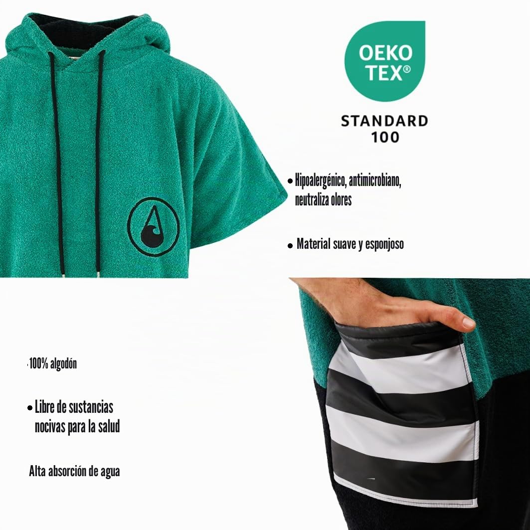 WAVE HAWAII Poncho Faro - Poncho de surf, 100% algodón, para tallas de cuerpo de 160 – 190 cm, para natación, playa, surf, toalla de baño con poncho de ducha para mujer, hombre y adulto, M/L