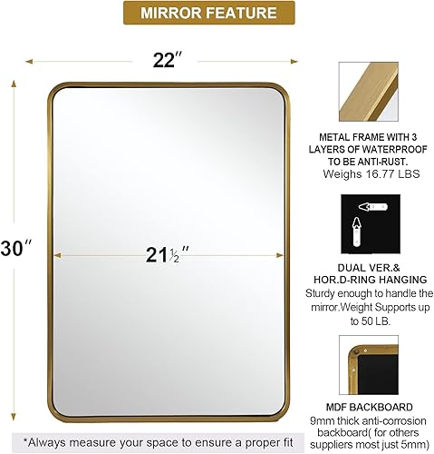 Miniatura 2 de ANDY STAR Espejo de baño de latón, 22 x 30 pulgadas, espejo rectangular redondeado, espejo de tocador de baño dorado cepillado, marco de tubo de