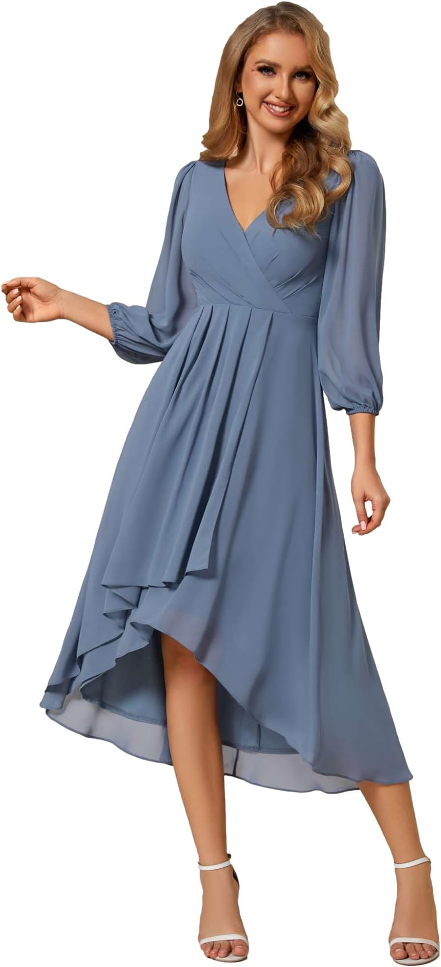 Ever-PrettyWomen's Chiffon V Neck Long Sleeves Pleated A-Line Midi Length Wedding Guest Dress 01926