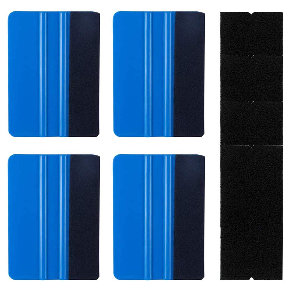 Aiqeer Black Car Felt Edge Squeegee Kit, Vinyl Wrap Tools Kit, 4 Pcs 4 Inch Felt Edge Scrapers, Car Scraper Decal Applicator Tools, With 4 Pcs Carbon Fabric Felt Edges