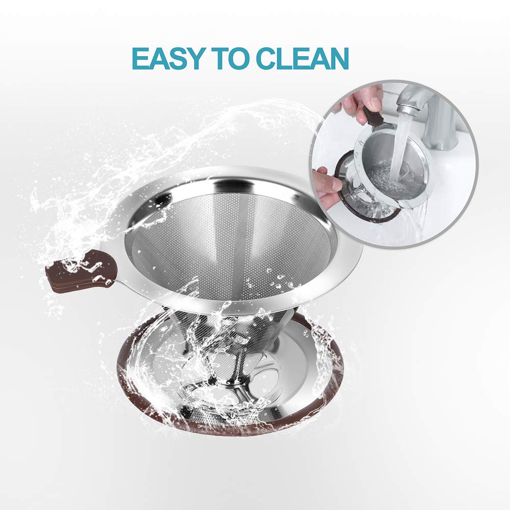 Filtro de café reutilizable sin papel, colador de café profesional de acero inoxidable, filtro de malla doble mejorado con soporte para tazas, 1-2 tazas