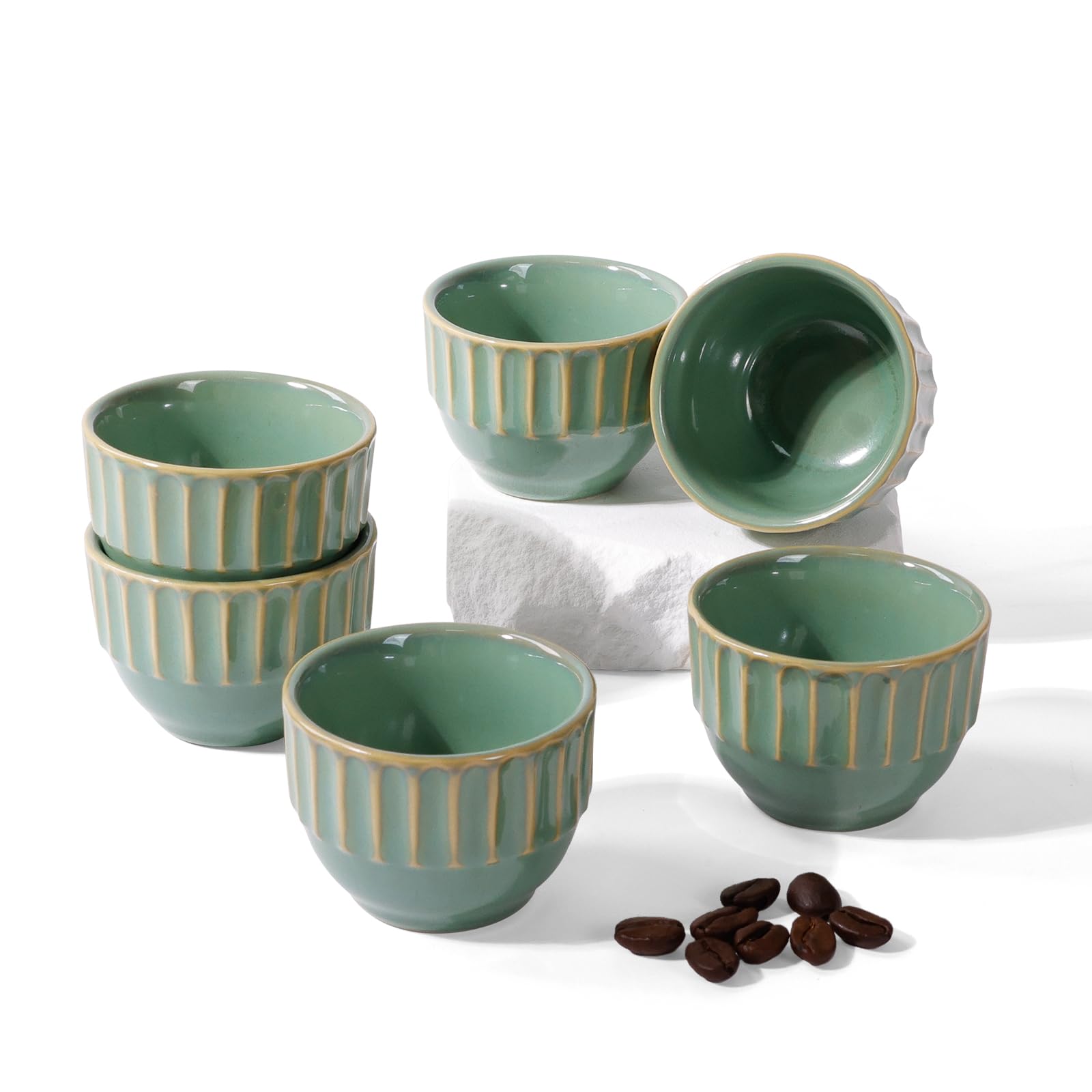 ZEBERBO Ceramic Espresso Cup Set of 6, One Shot Coffee Cups,Tiny Cofffee Mugs Demitasse for Espresso, Vertical Stripes Espresso Cup Set of 6 (Green)