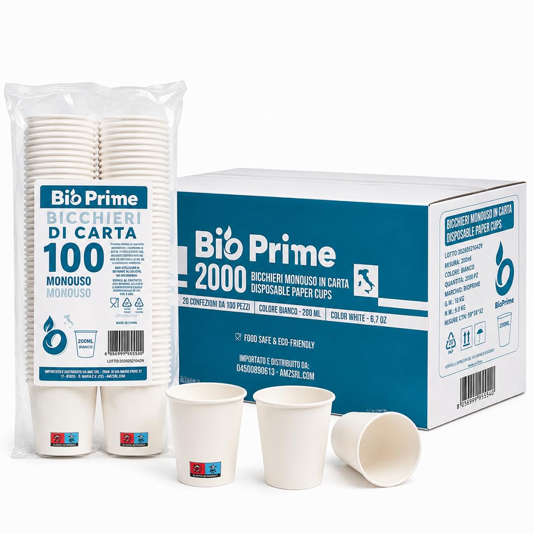 Bicchieri Acqua in Carta 200ml - Biodegradabili - Per Bevande Calde, Acqua e Bibite - Bicchieri Usa e Getta. (Bianco, Quantità 2000pz)
