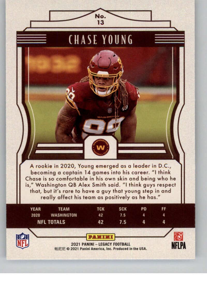 Amazon.com: 2021 Panini Legacy #13 Chase Young Washington Football Team  Official NFL Football Trading Card in Raw (NM or Better) Condition :  Collectibles & Fine Art