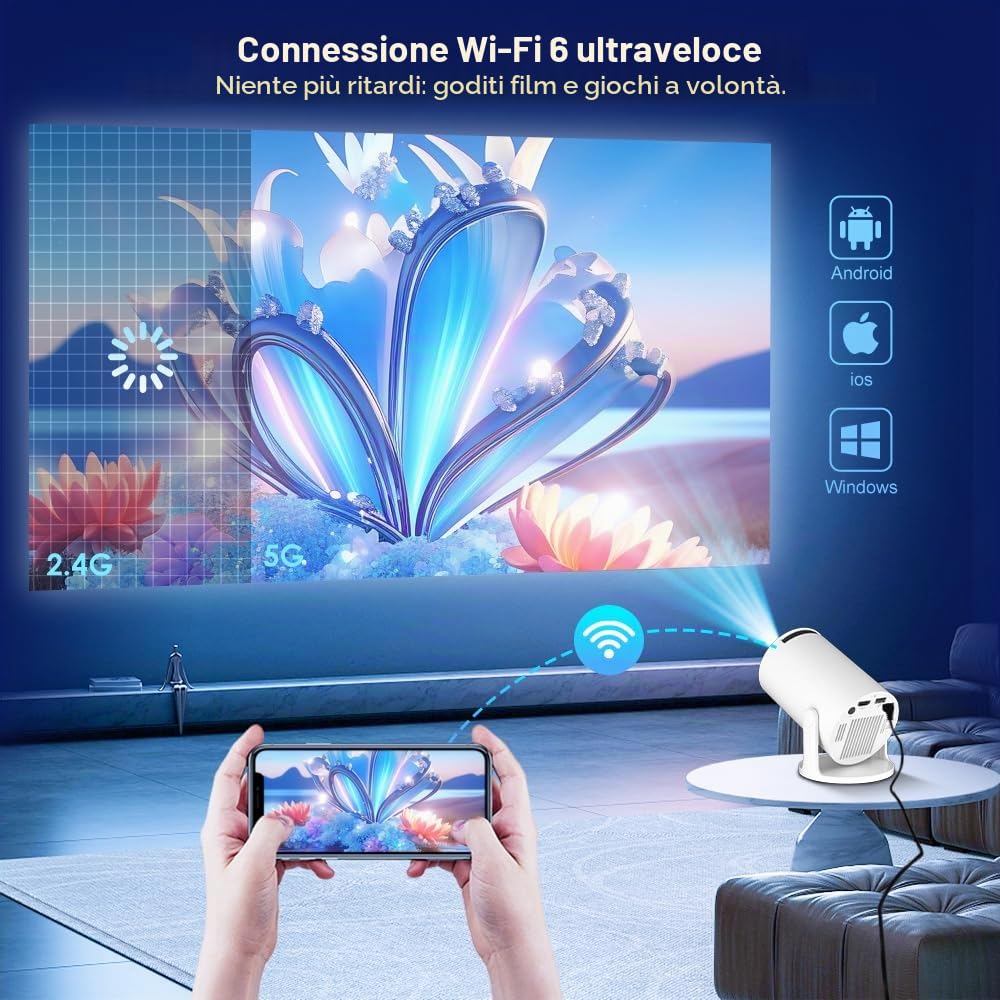 Salange Mini proiettore, supporta 4K WiFi 6 BT5.2, proiettore Android 11.0 home cinema, 180° rotazione Smart Beamer cellulare per Phone/Xbox/Laptop/TV Stick/USB, bianco