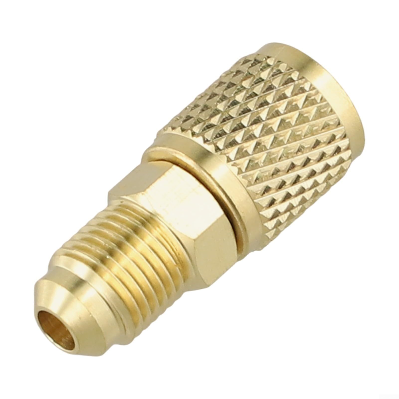 Adaptateur SAE mâle 5/16 x femelle 1/4 en laiton pour systèmes de climatisation R32 R410a R22 – Raccord doré, construction robuste, installation facile, accès sûr à la valve sous pression