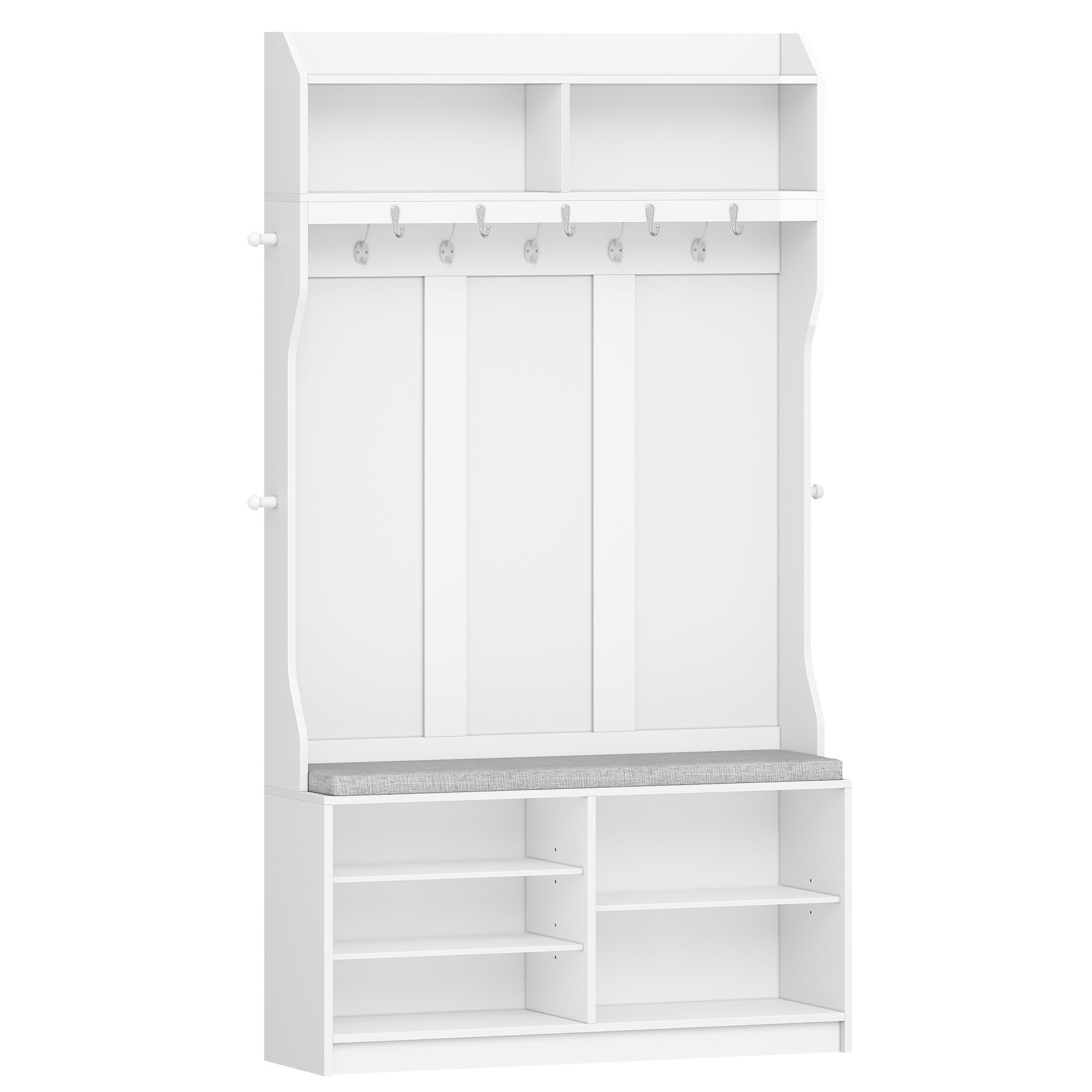 HEXCELEN Garderobenständer mit Schuhbank, Garderobe mit 14 Haken und 7 Offenen Fächer, Verstellbare Regalbretter, für Flure, Eingangsbereiche, Wohnzimmer, 30 x 100 x 183,4 cm, Weiß