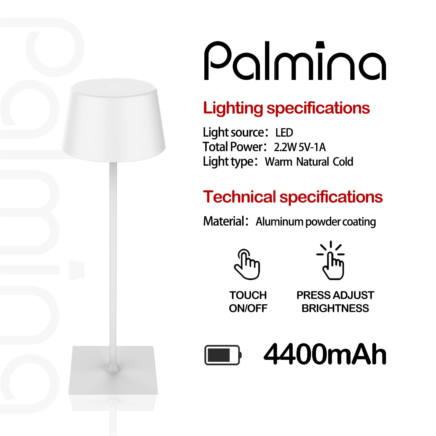 Palmina 842,lampade da tavolo senza fili,lampade da tavolo ricaricabili E Dimmerabile In Alluminio,abat jour senza fili 4400mah,Protezione IP54,luce da tavolo esterno/Interno/Bianco