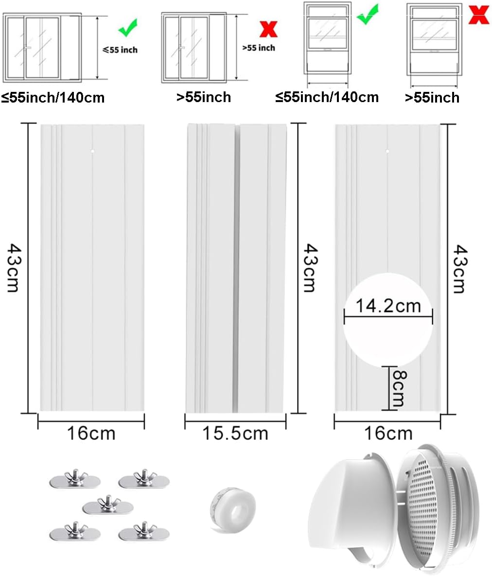Portable Air Conditioner Windows Vent Kit, Air Conditioner Window Seal with 5.9In (15cm) Diameter Air Conditioner Exhaust Hose, Portable ac Window Kit Adjustable Length 17-55in(43-140cm)