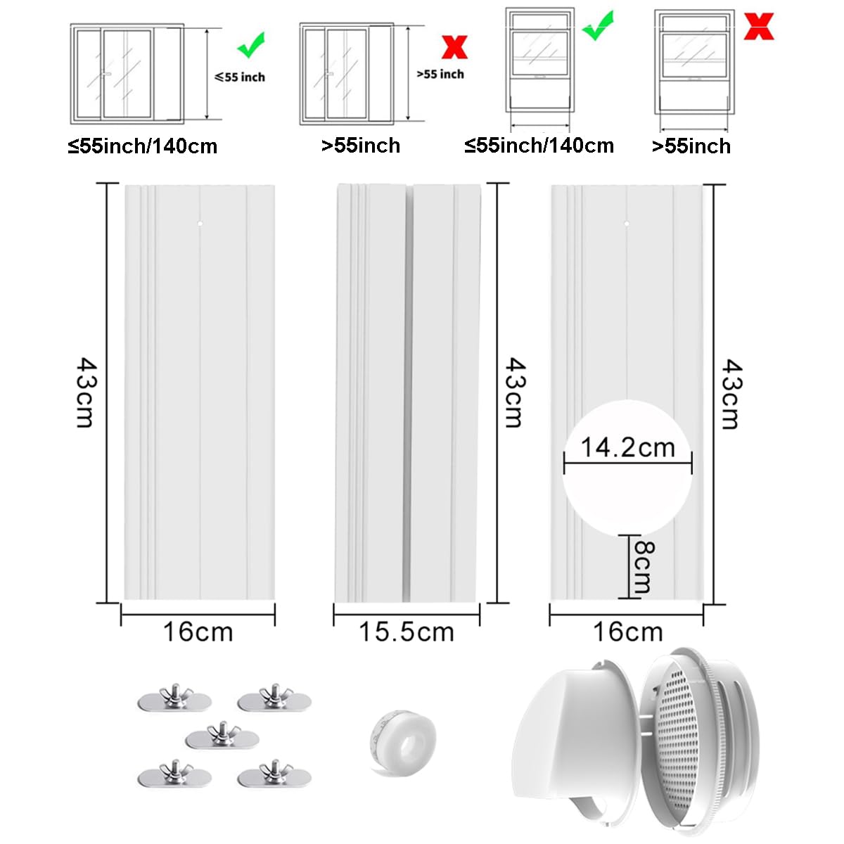 Tragbare Klimaanlage Fenster Lüftungs-Kit, Klimaanlage Fenster Dichtung für 13/15cm(5/5.9In) Durchmesser Klimaanlage Auspuffschlauch, Tragbare AC Fenster Kit justierbare Länge 43-140cm(17-55in)