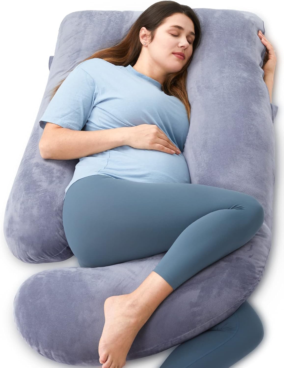 momcozy Almohada para Embarazadas en Forma de U – Cojín Embarazada de Cuerpo Completo con Funda Extraíble, Apoyo para Espalda, Piernas, Vientre y Caderas – Almohada Embarazo 145 cm, Gris