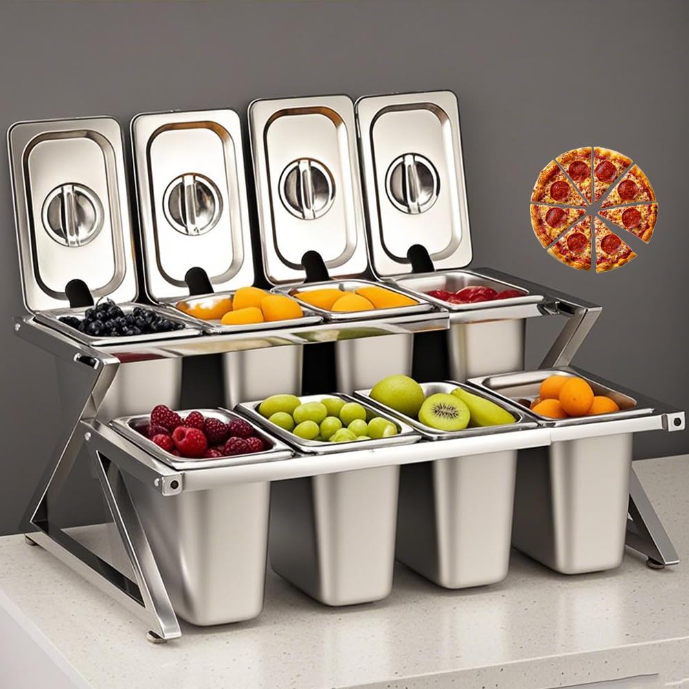 Estación De Pizza De Acero Inoxidable, Contenedores De Almacenamiento Jares De Condimentos, 6 Contenedores De Condimentos con Tapas, Bandeja De Contenedores De Catering De Doble,A