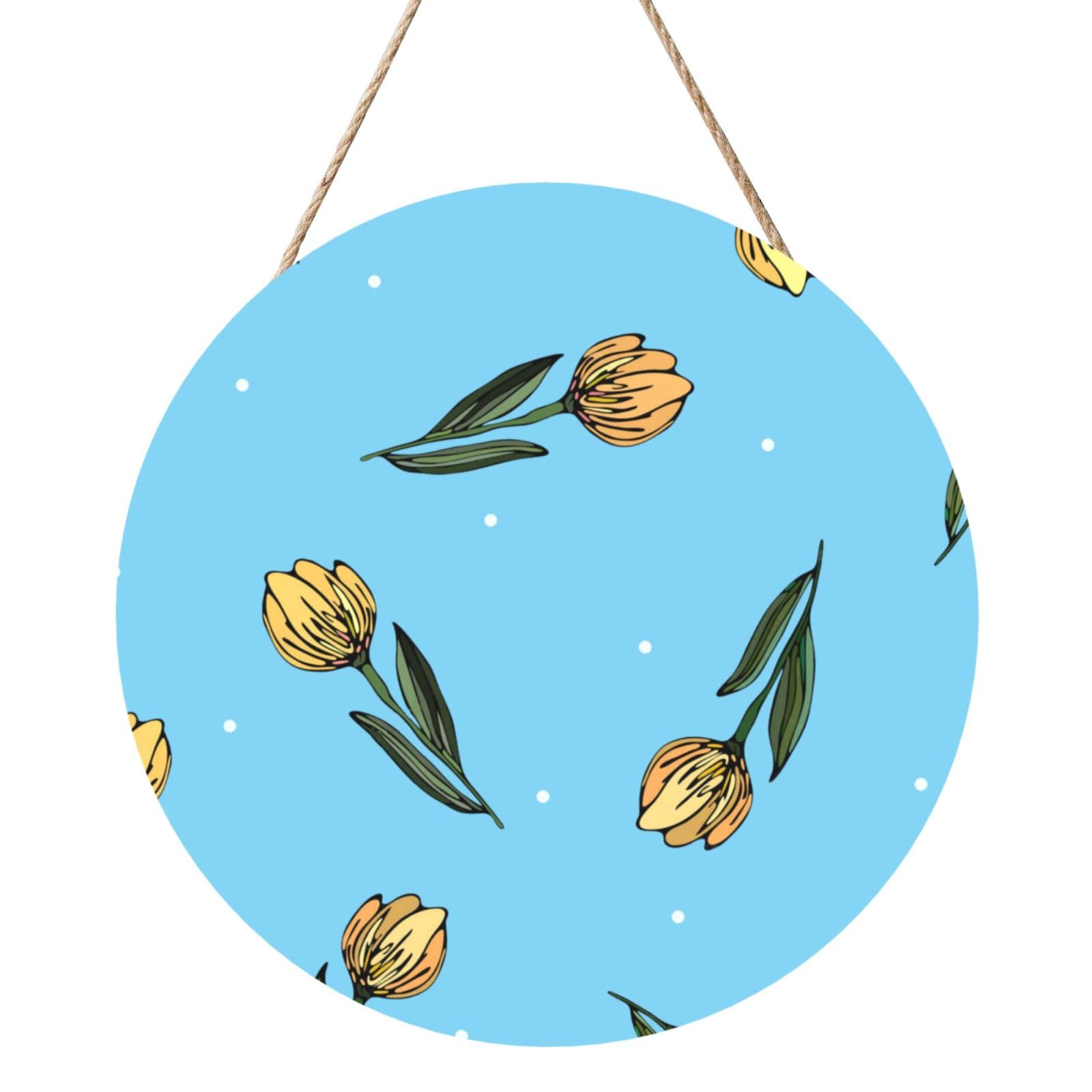 InOmak Hand Drawn Yellow Tulips, Round Wood Panel Painting 12 in, Wall Hanging Painting For Home