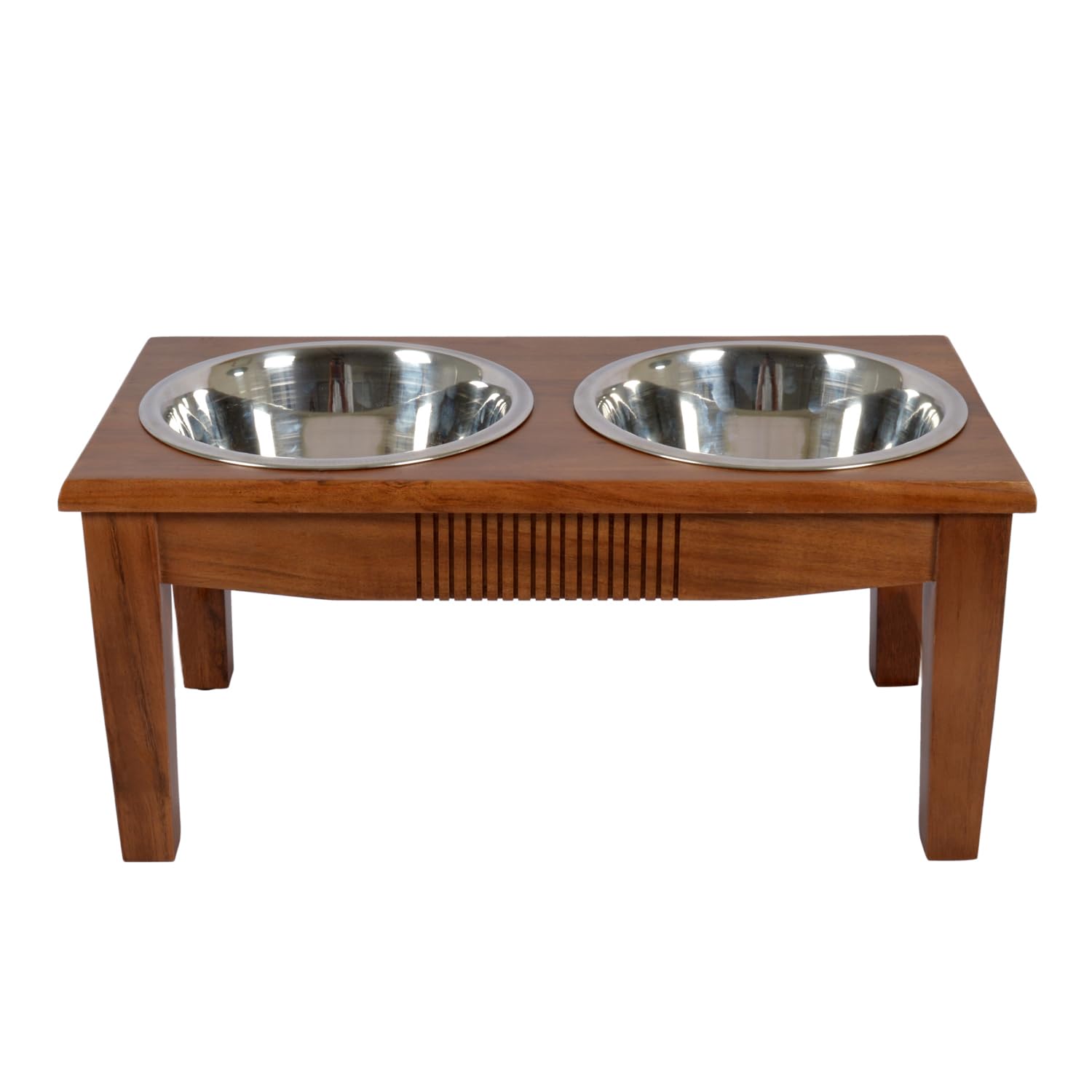Pure Souls Fluffy Pet Feeder, Natural Acacia Wood Feeders Stand, Elevated Dog Bowls 1250 ml, Food Water Diner, Durable Double Bowl Feeding Stands for Dogs - Medium (48x25x24cm) 4