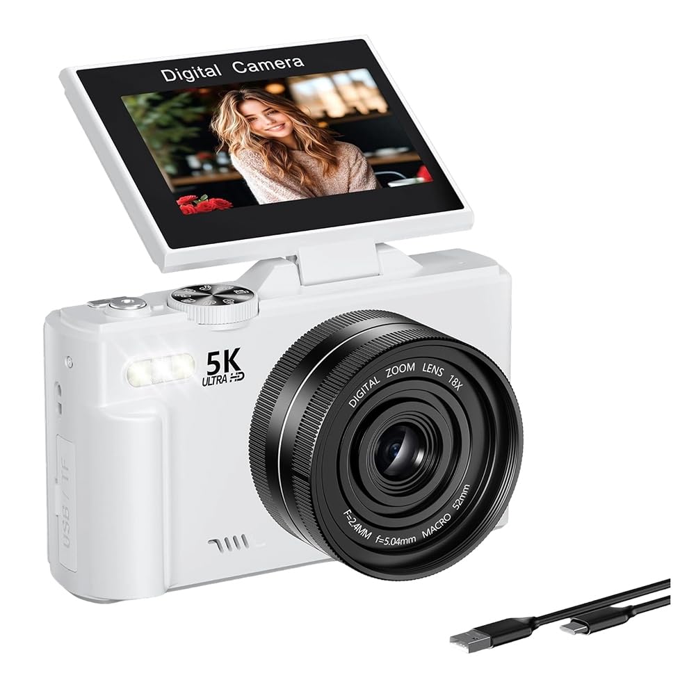 Fotocamera Digitale Compatta 5K con Schermo Flip A 180°, Fotocamera Vlog Autofocus WiFi Ideale per Principianti e Fotografia per Adolescenti B