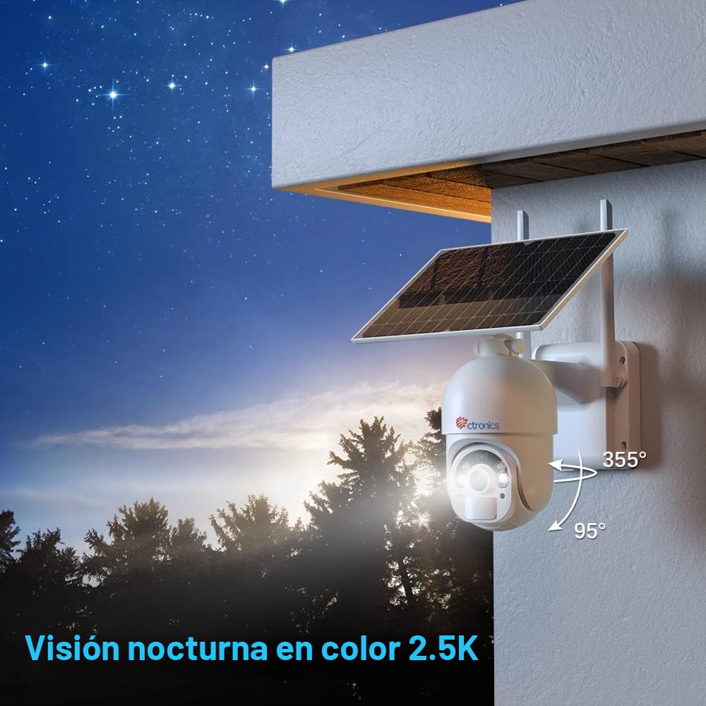 Ctronics 2.5K 4MP Camara Vigilancia WiFi Exterior Solar | Camara de Vigilancia Exterior con Batería, Camaras de Seguridad con Visión Nocturna a Color PIR Humana Detección IP66