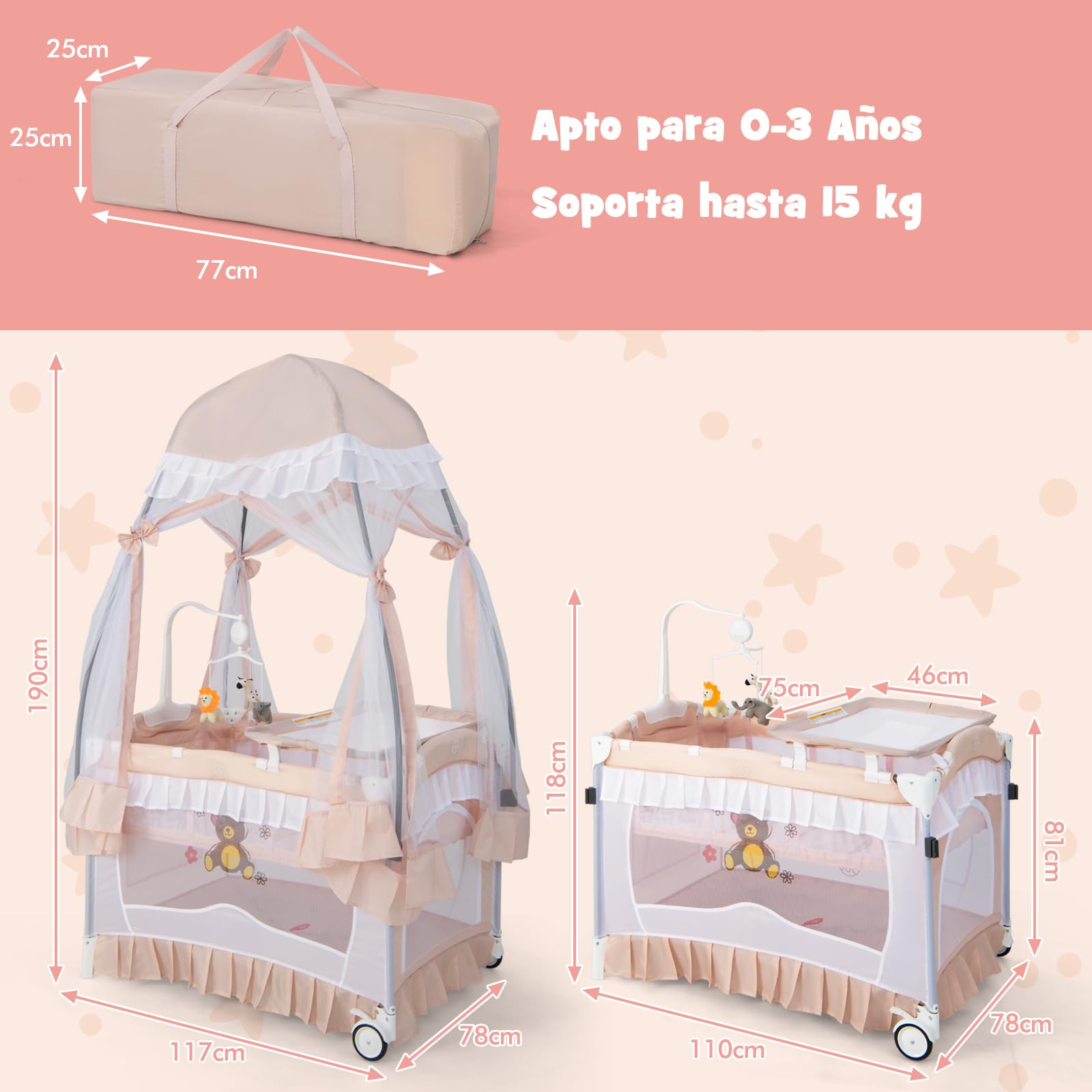 COSTWAY 4 en 1 Cuna Portátil, Moisés Convertible con Cambiador Desmontable, Cama Cuna Plegable con Red Desmontable y Ruedas Bloqueables, Caja de Música y Juguetes Giratorios,Bolsa de Transporte (Rosa)