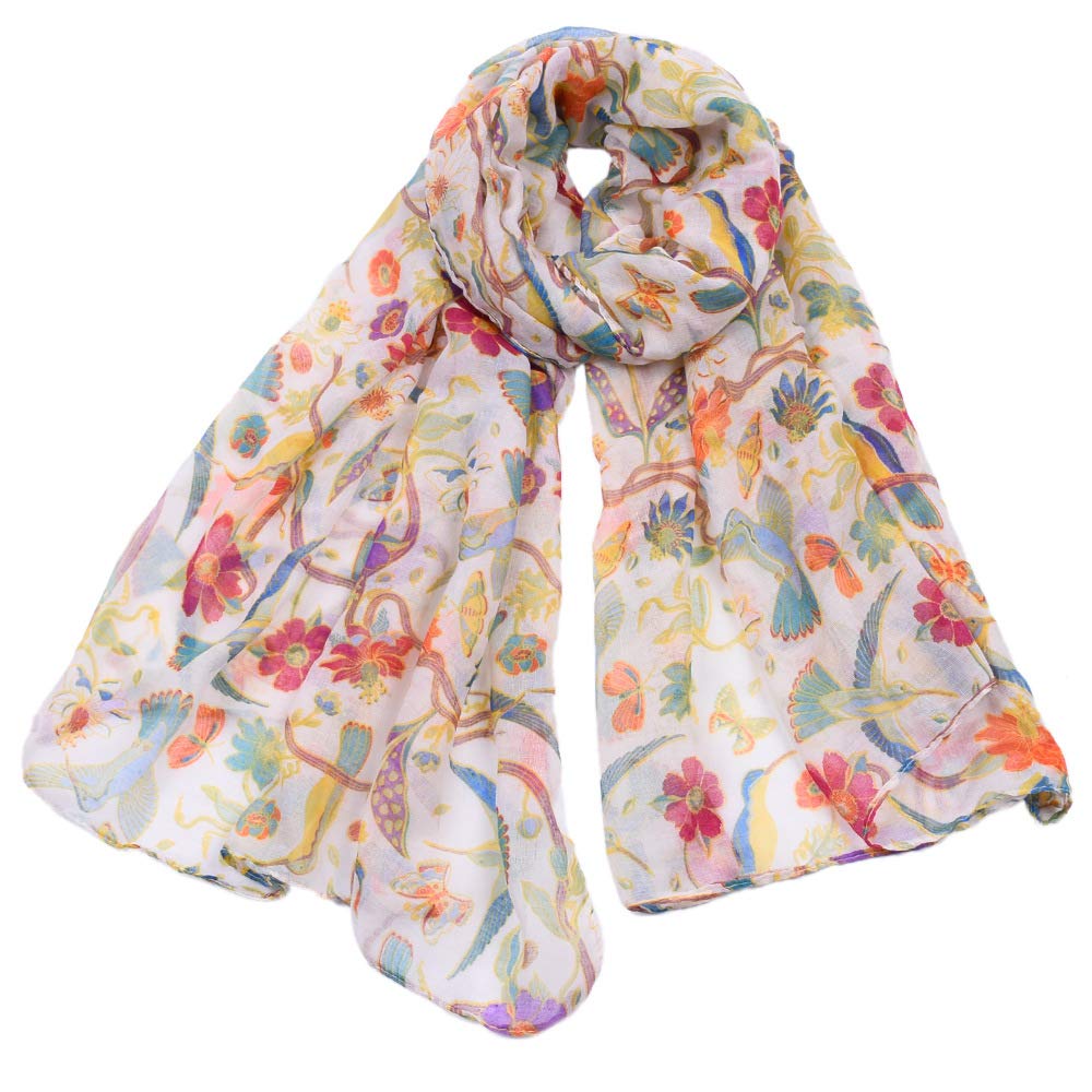 Clest F&H Women's White Animal Hummingbird Sun Flower Print Scarfs Long Wrap Shawl Scarves