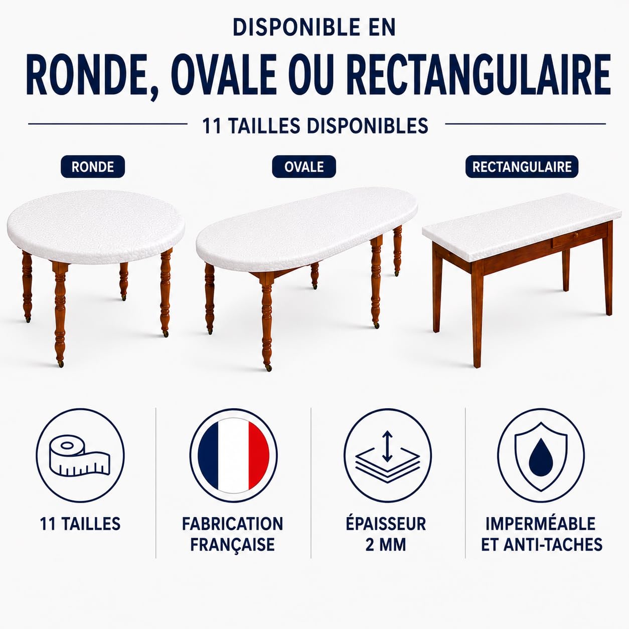 D'CLIC Protège Table Rond Élastiqué 110 à 123 cm – sous Nappe de Protection Mousse PVC molletonnée – Molleton Épais Antichoc et Anti-Tâches – Protection de Table – Fabrication Française