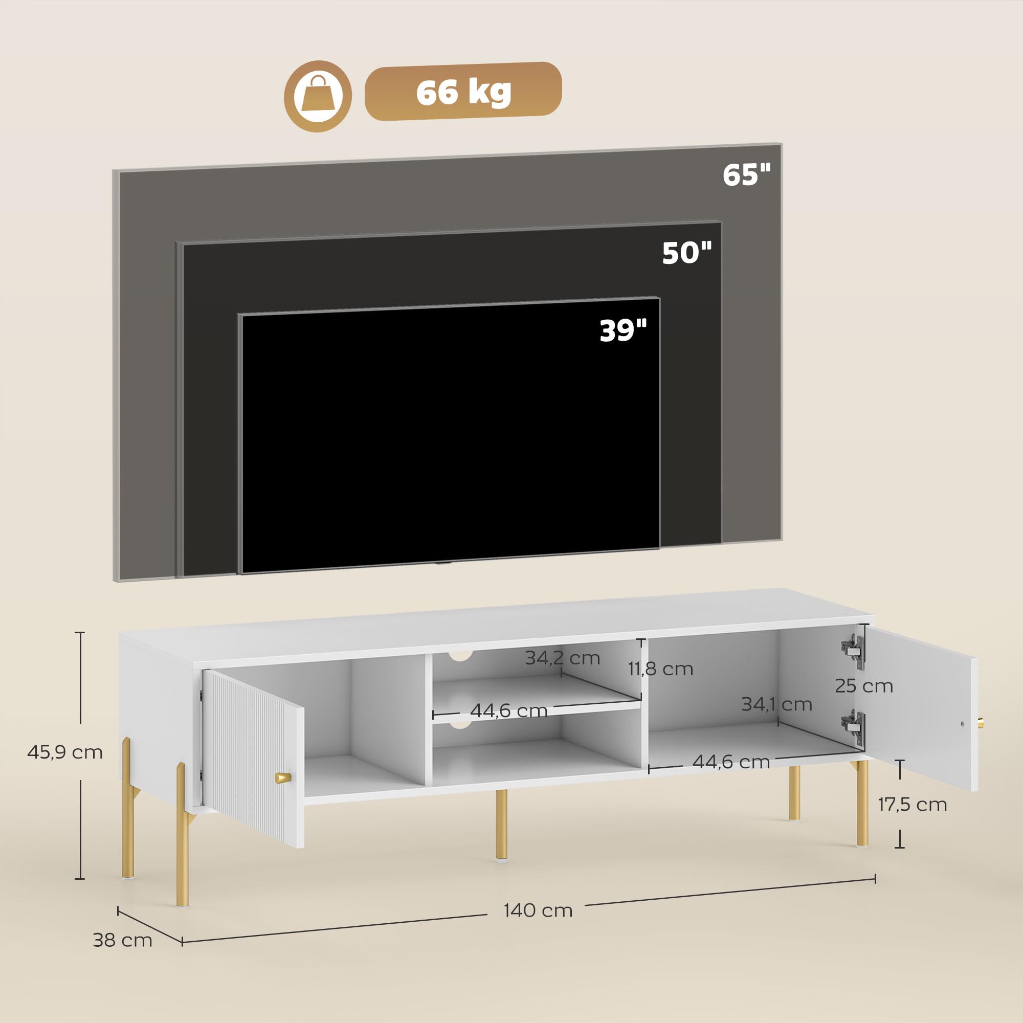 HOMCOM Meuble TV 140 cm, Meuble télé pour téléviseur jusqu'à 65 Pouces avec 2 Portes, 2 Compartiments Ouverts et Pieds en Acier, 2 Passe-câbles, Banc TV Moderne pour Salon, Chambre à Coucher, Blanc
