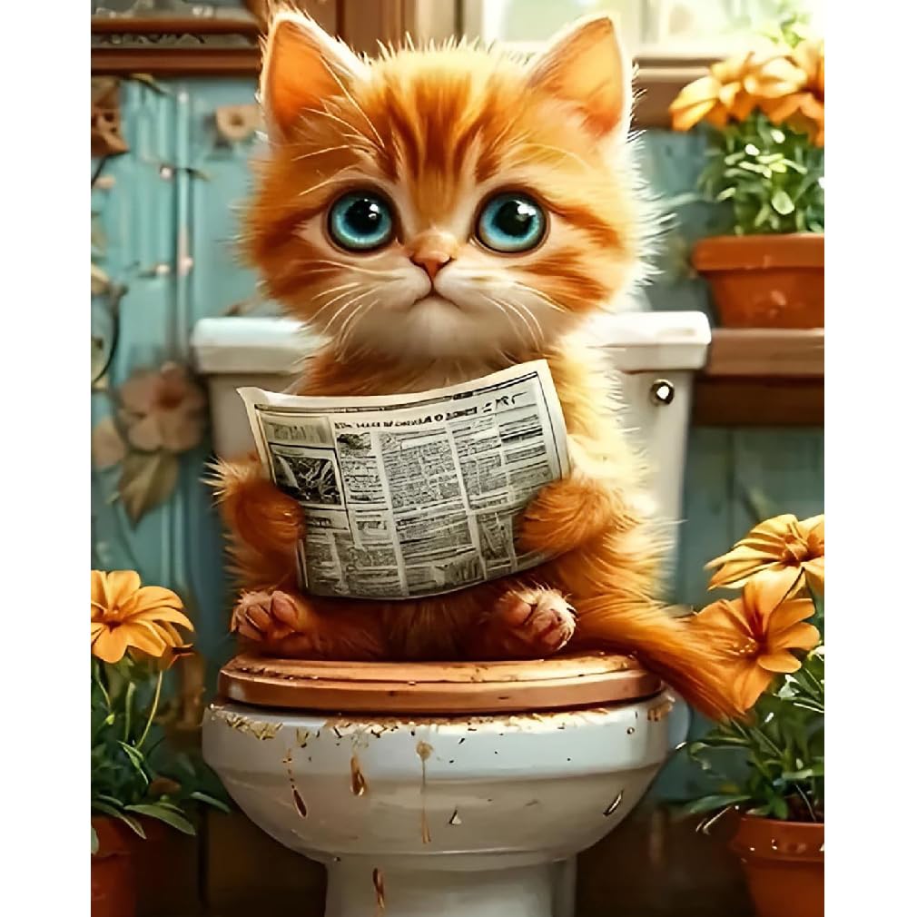 Cat Sit on Toilet Oil Painting by Number Kits, Painting by Number Kit with Brushes and Acrylic Paint for Adults Beginners (Frame Not Included), Paint by Number Kit for Home Wall Decor 16x20 Inch