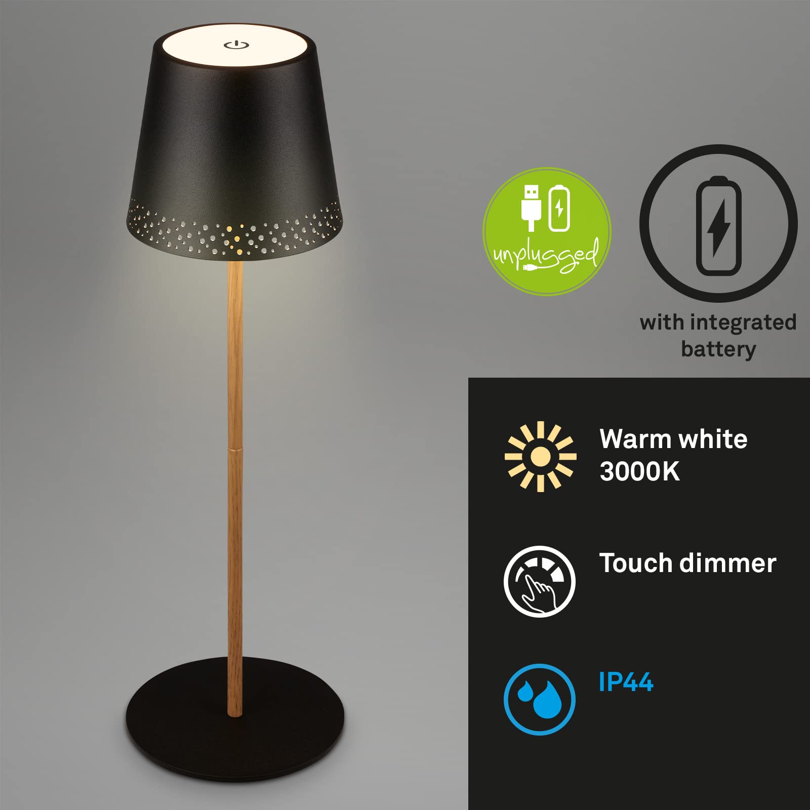 BRILONER - LED Tischlampe kabellos mit Touch, dimmbar in Stufen, höhenverstellbar, Nachttischlampe, Leselampe, LED Lampe, Campinglampe, Tischleuchte, Akkulampe, Outdoorlampe, 38x12 cm, Schwarz