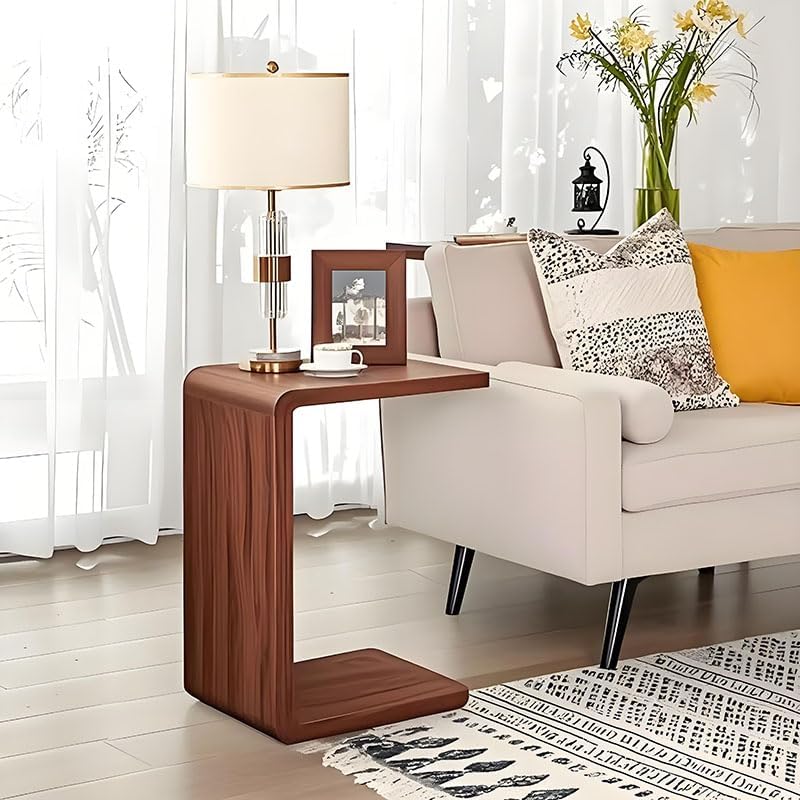Walnut C Shaped End Table for Couch - Slide Under Sofa Side Table & Small Sofa Table Tray for Laptop | Space-Saving Narrow Design for Bedroom, Living Room