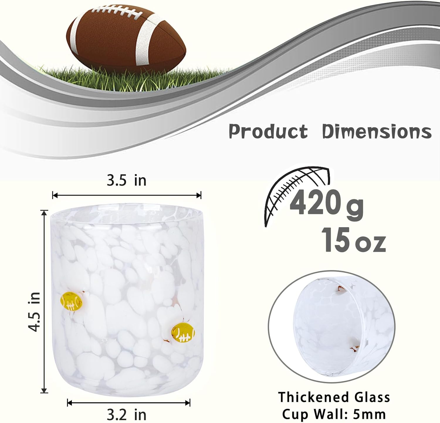 2026 Superbowl Party Supplies,Football Icon Juice Glasses - 2 Pcs Icon Glass Cups, Football Parties and Tailgate Events,Football Birthday Valentine'S Day Giftsa (White,Football Icon) - Image 4