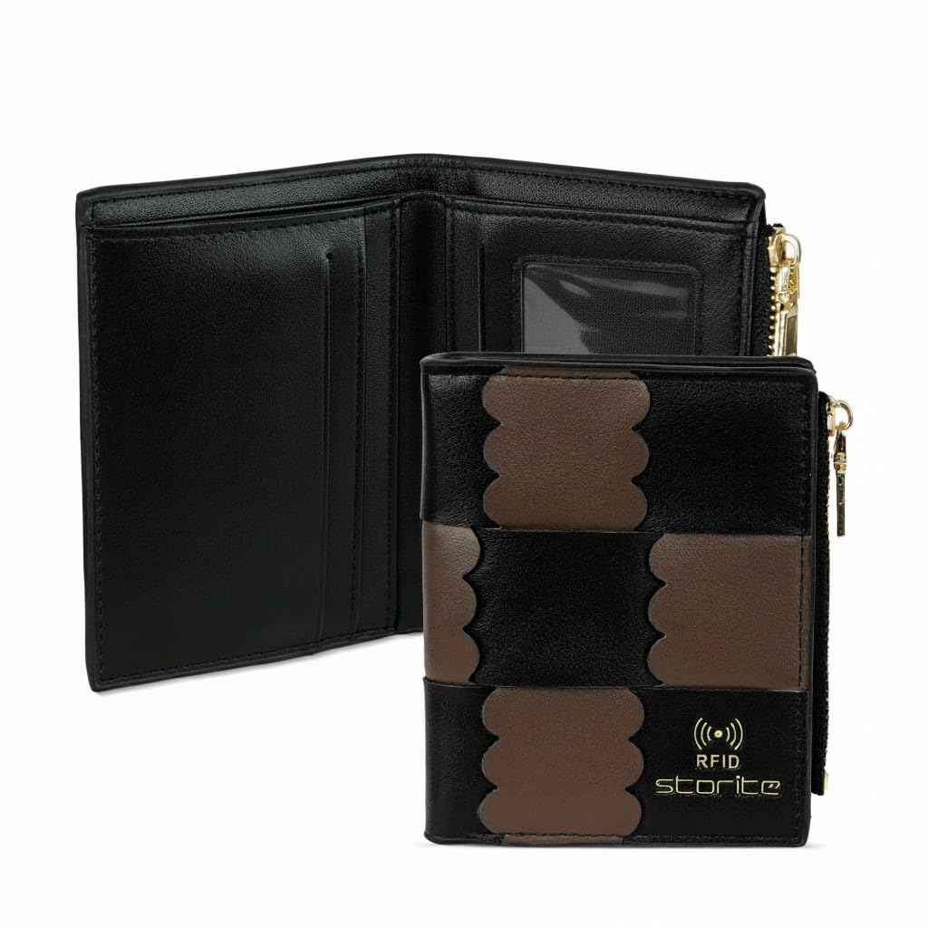 RFID Women's Bi-fold Leather Wallet 3 Credit Card Slots, 1 ID Card Slot, 1 Cash Pocket,1 Zipper Coin Slot Ladies Mini Zipper with Button Closure (Black-11.5 x 9 x 2cm)-image-7